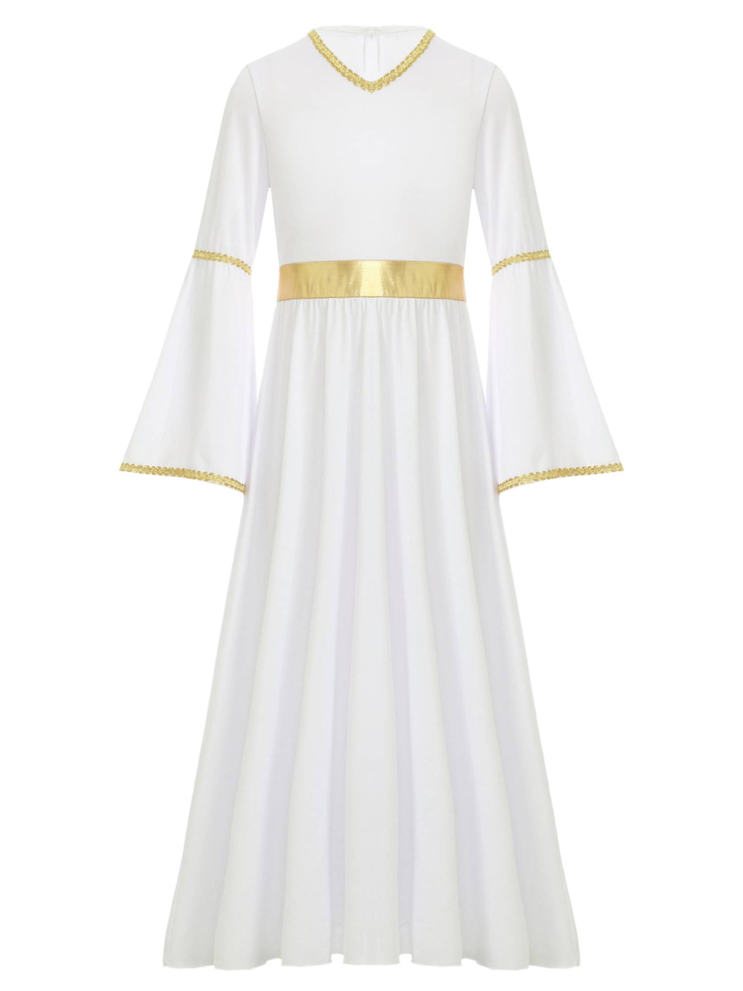 Kids Girls Long Sleeve Gold Trim Angel Cosplay Costume Midi Dress