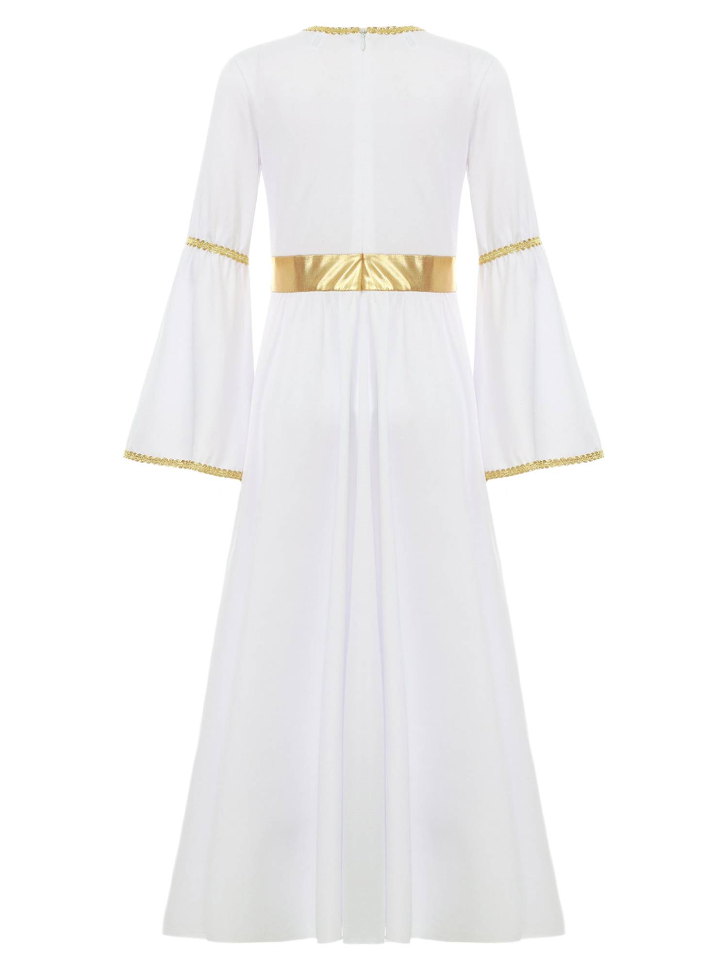 Kids Girls Long Sleeve Gold Trim Angel Cosplay Costume Midi Dress