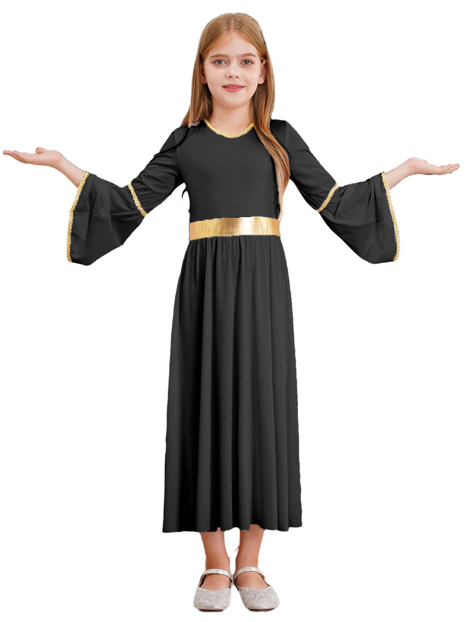 Kids Girls Long Sleeve Gold Trim Angel Cosplay Costume Midi Dress