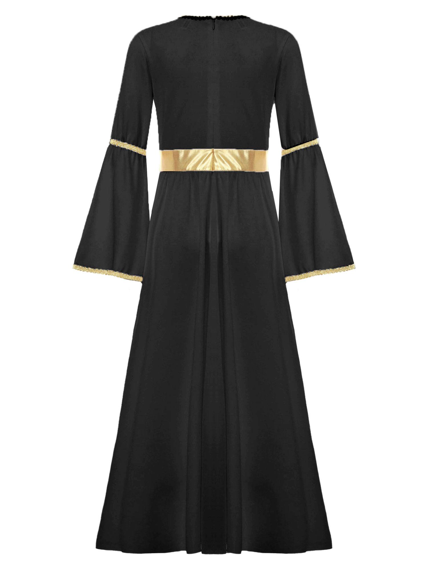 Kids Girls Long Sleeve Gold Trim Angel Cosplay Costume Midi Dress