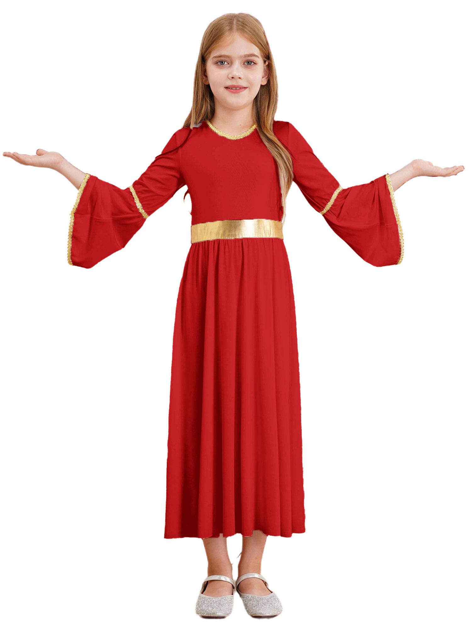 Kids Girls Long Sleeve Gold Trim Angel Cosplay Costume Midi Dress
