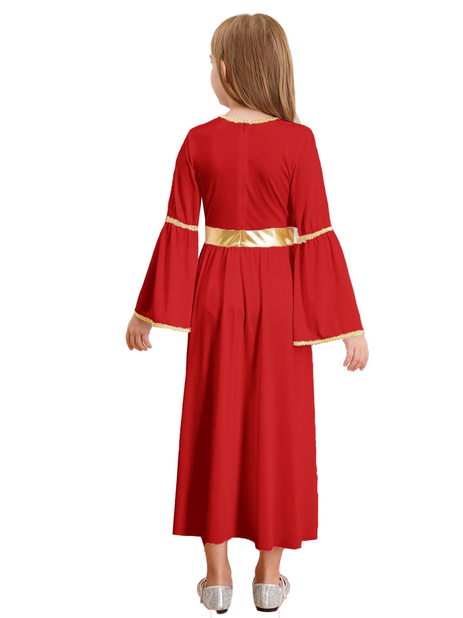 Kids Girls Long Sleeve Gold Trim Angel Cosplay Costume Midi Dress