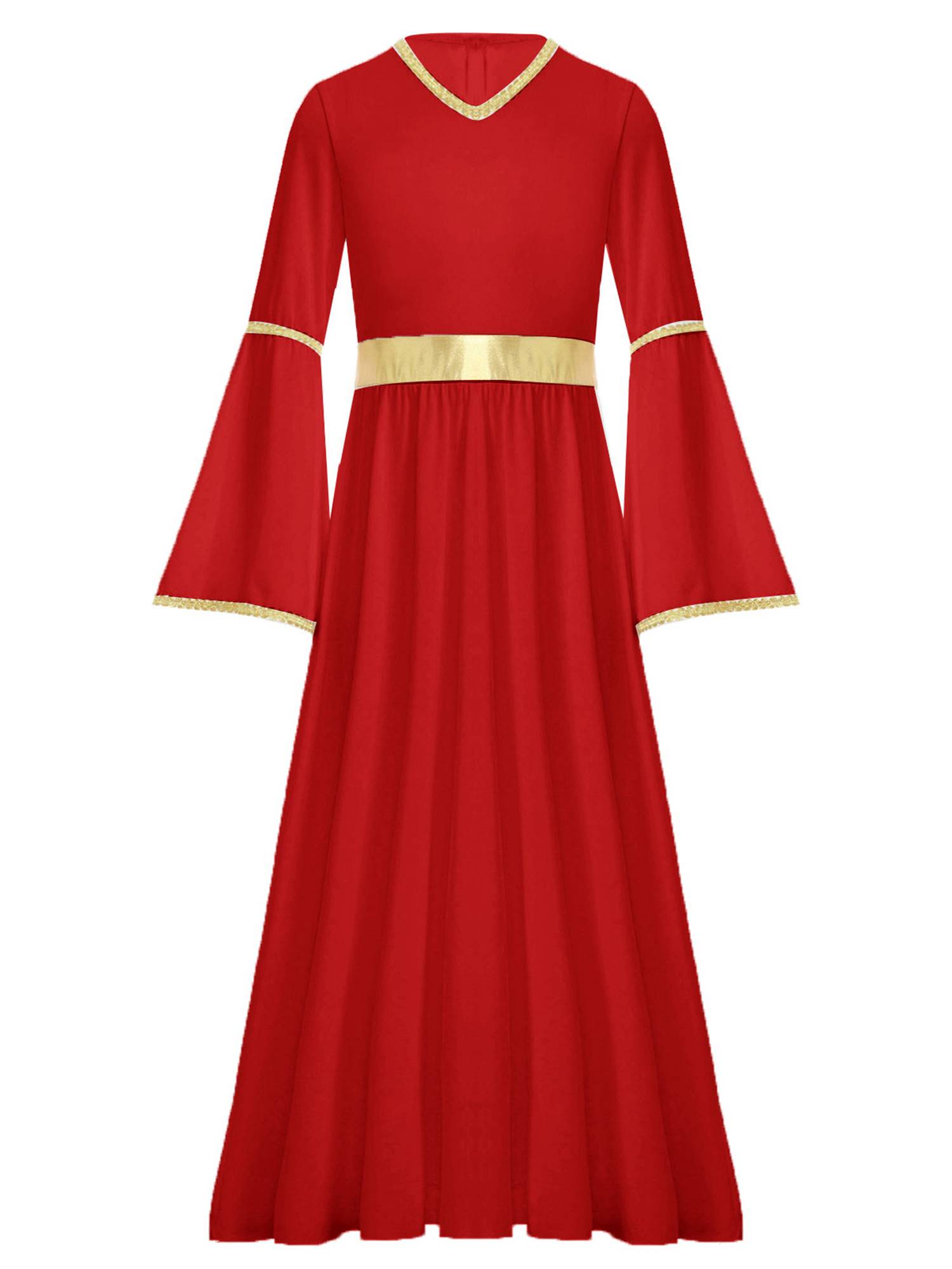 Kids Girls Long Sleeve Gold Trim Angel Cosplay Costume Midi Dress