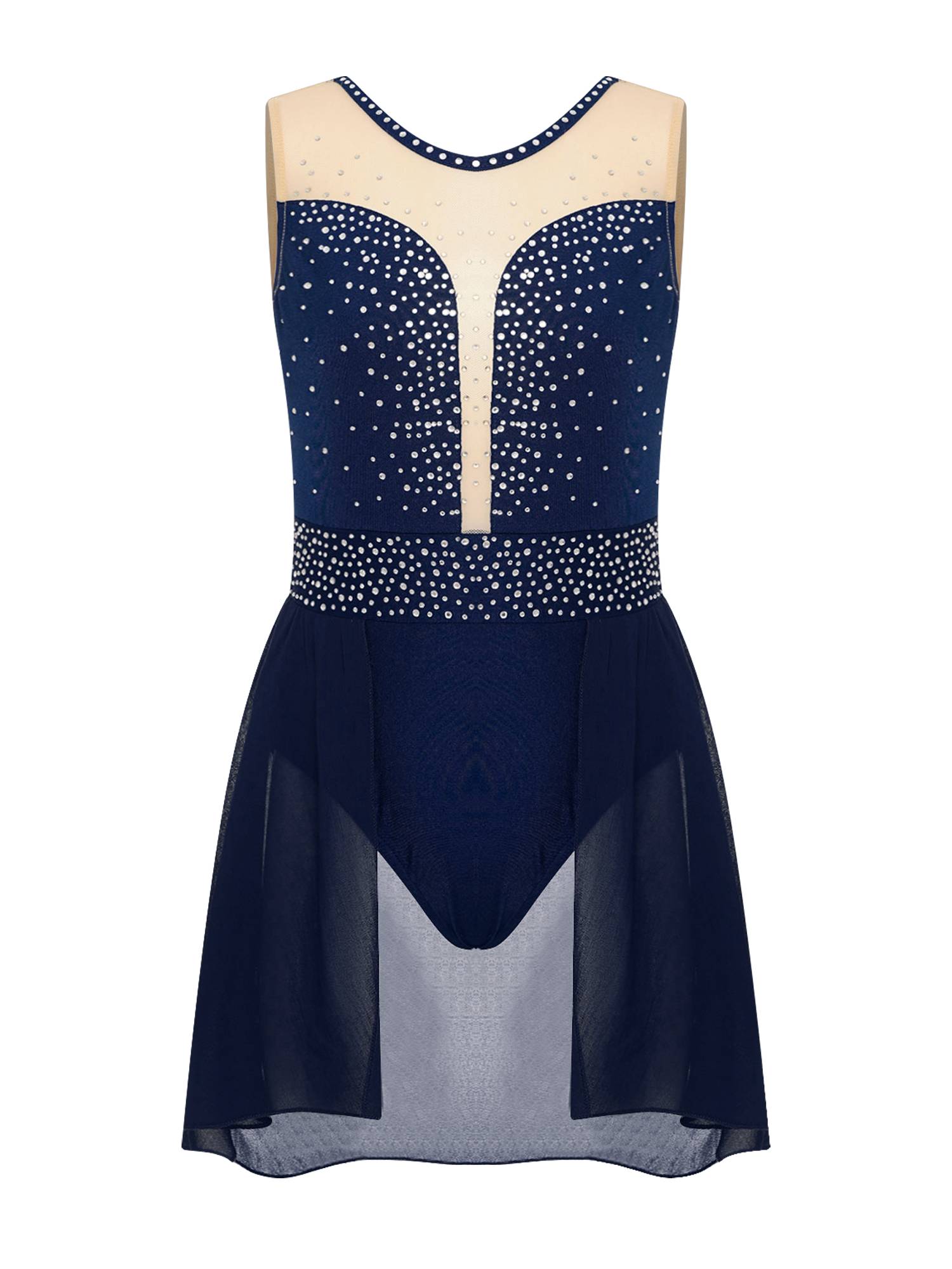 Kids Girls Sleeveless Sparkly Rhinestones U Back Skating Leotard Dress