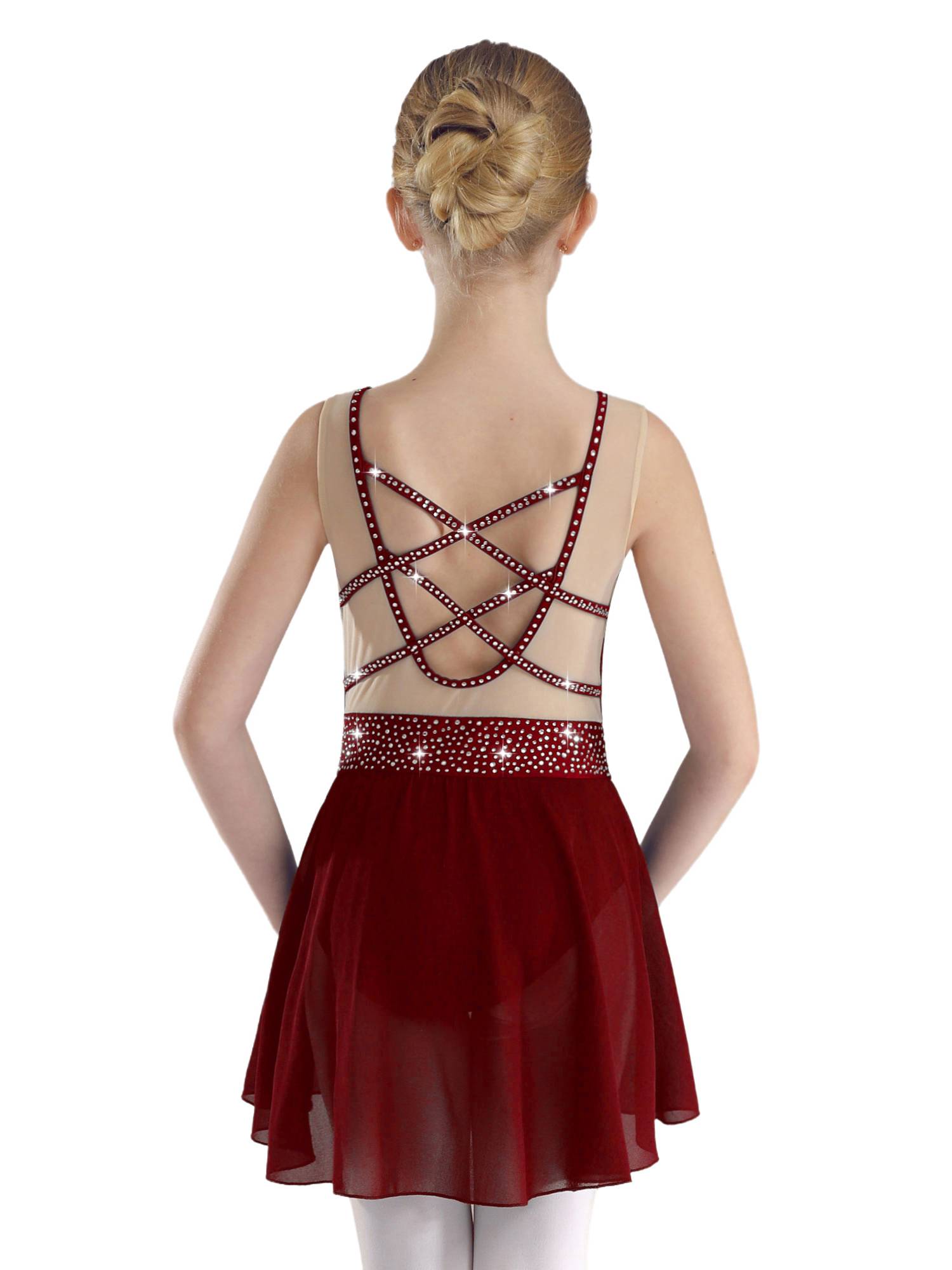 Kids Girls Sleeveless Sparkly Rhinestones U Back Skating Leotard Dress