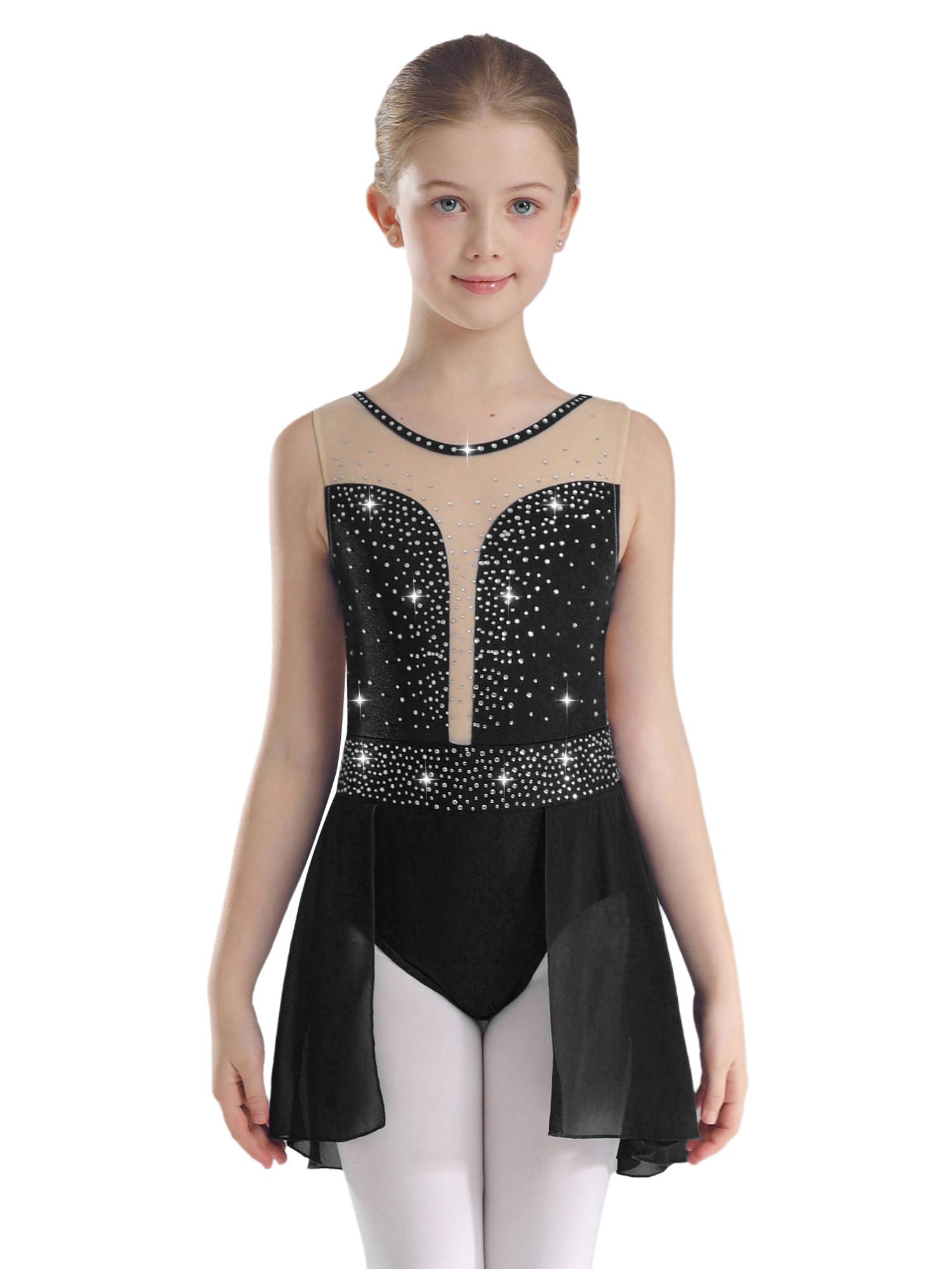 Kids Girls Sleeveless Sparkly Rhinestones U Back Skating Leotard Dress