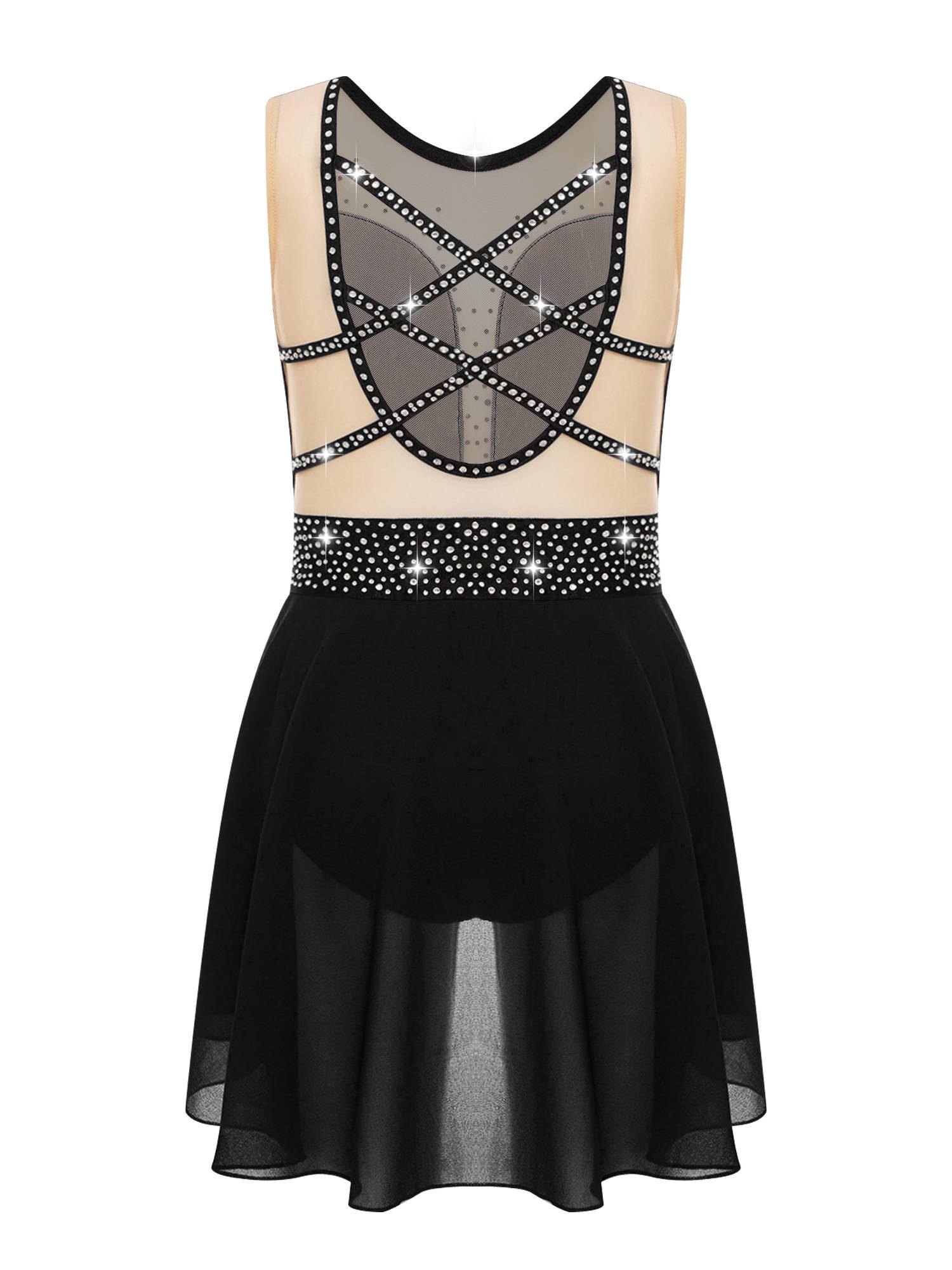 Kids Girls Sleeveless Sparkly Rhinestones U Back Skating Leotard Dress