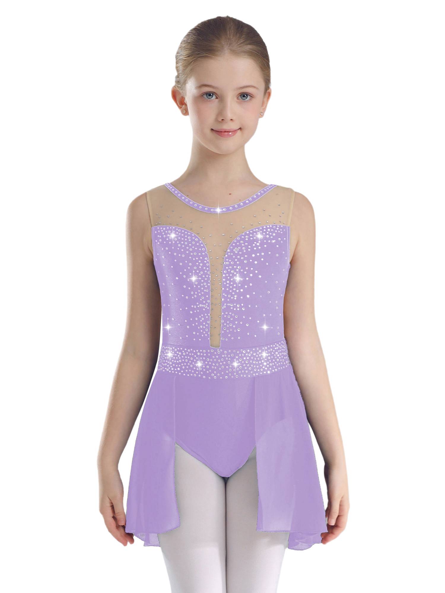 Kids Girls Sleeveless Sparkly Rhinestones U Back Skating Leotard Dress