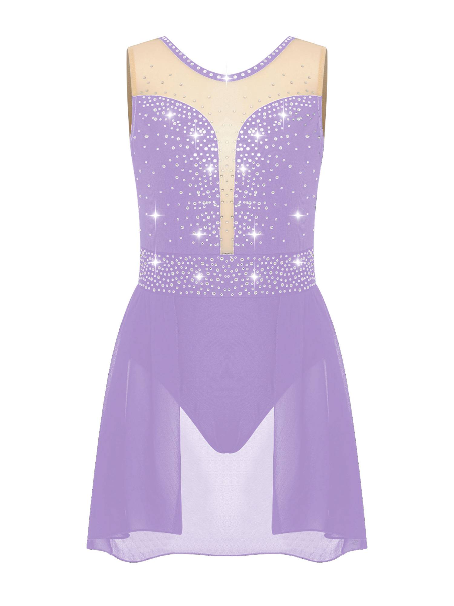 Kids Girls Sleeveless Sparkly Rhinestones U Back Skating Leotard Dress
