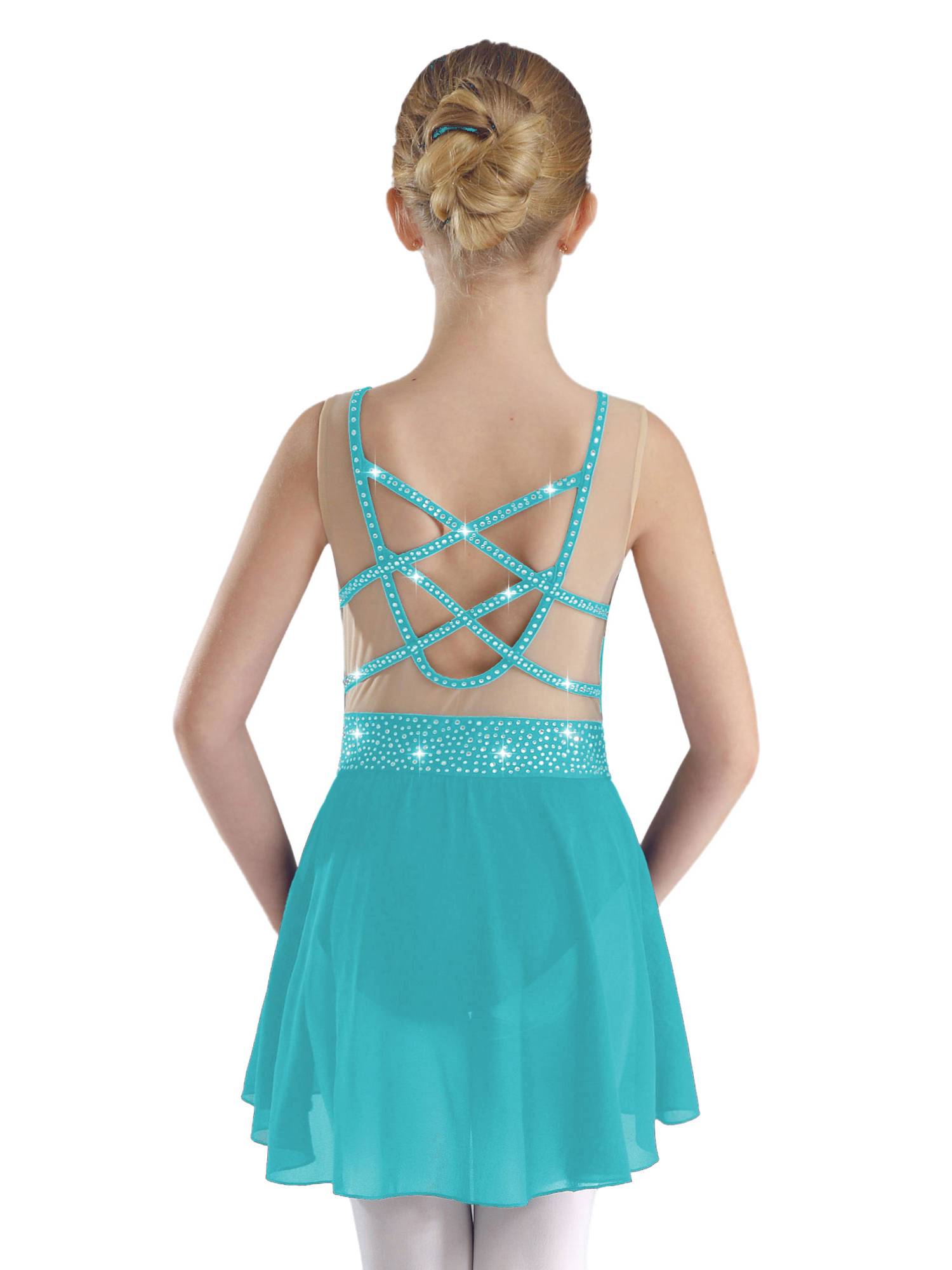 Kids Girls Sleeveless Sparkly Rhinestones U Back Skating Leotard Dress