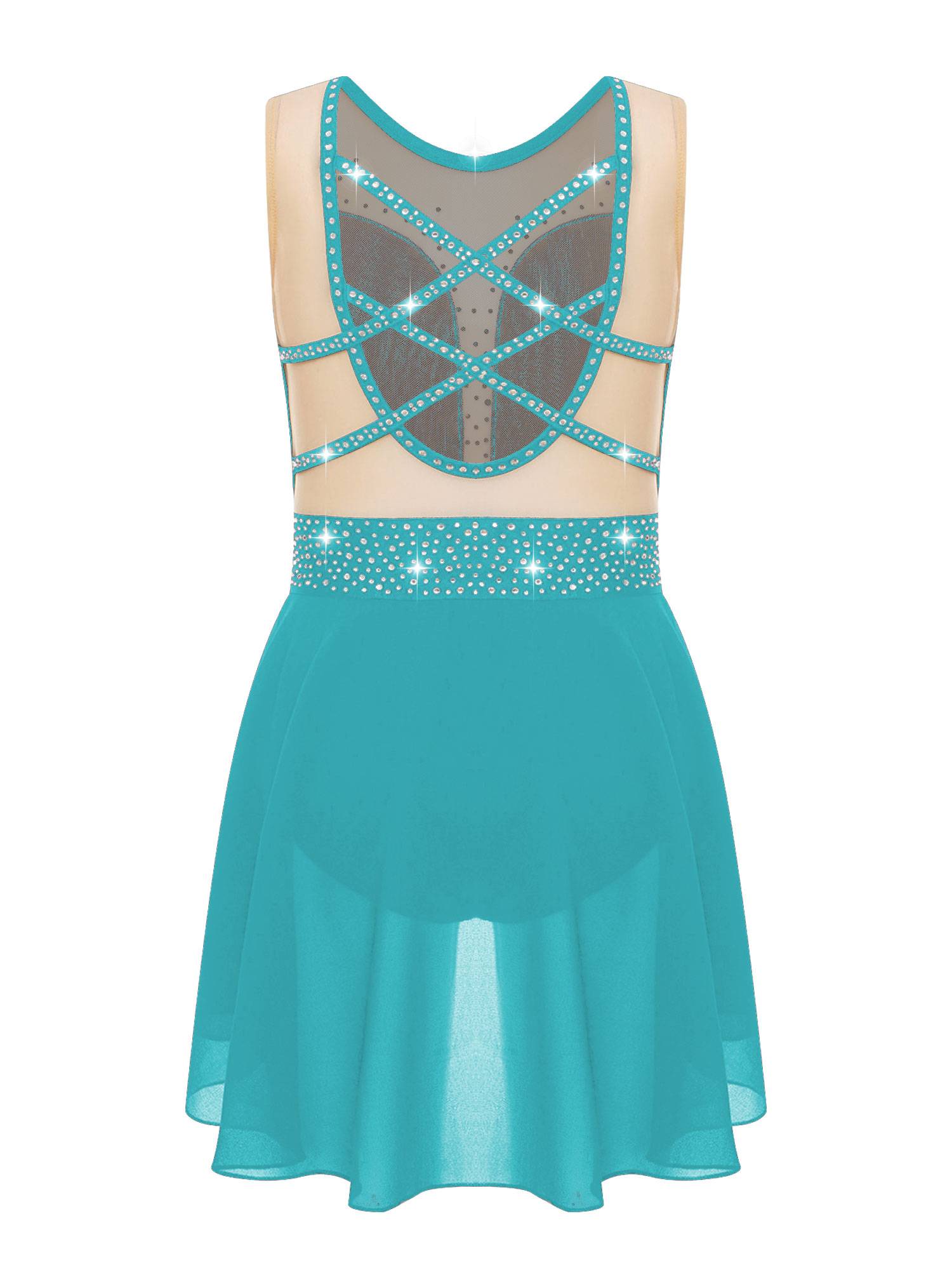 Kids Girls Sleeveless Sparkly Rhinestones U Back Skating Leotard Dress