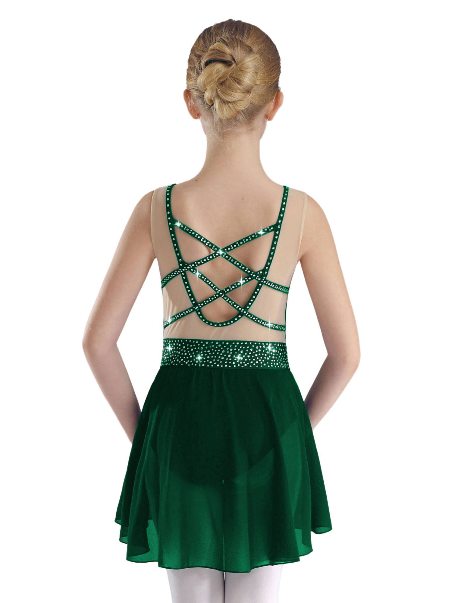 Kids Girls Sleeveless Sparkly Rhinestones U Back Skating Leotard Dress