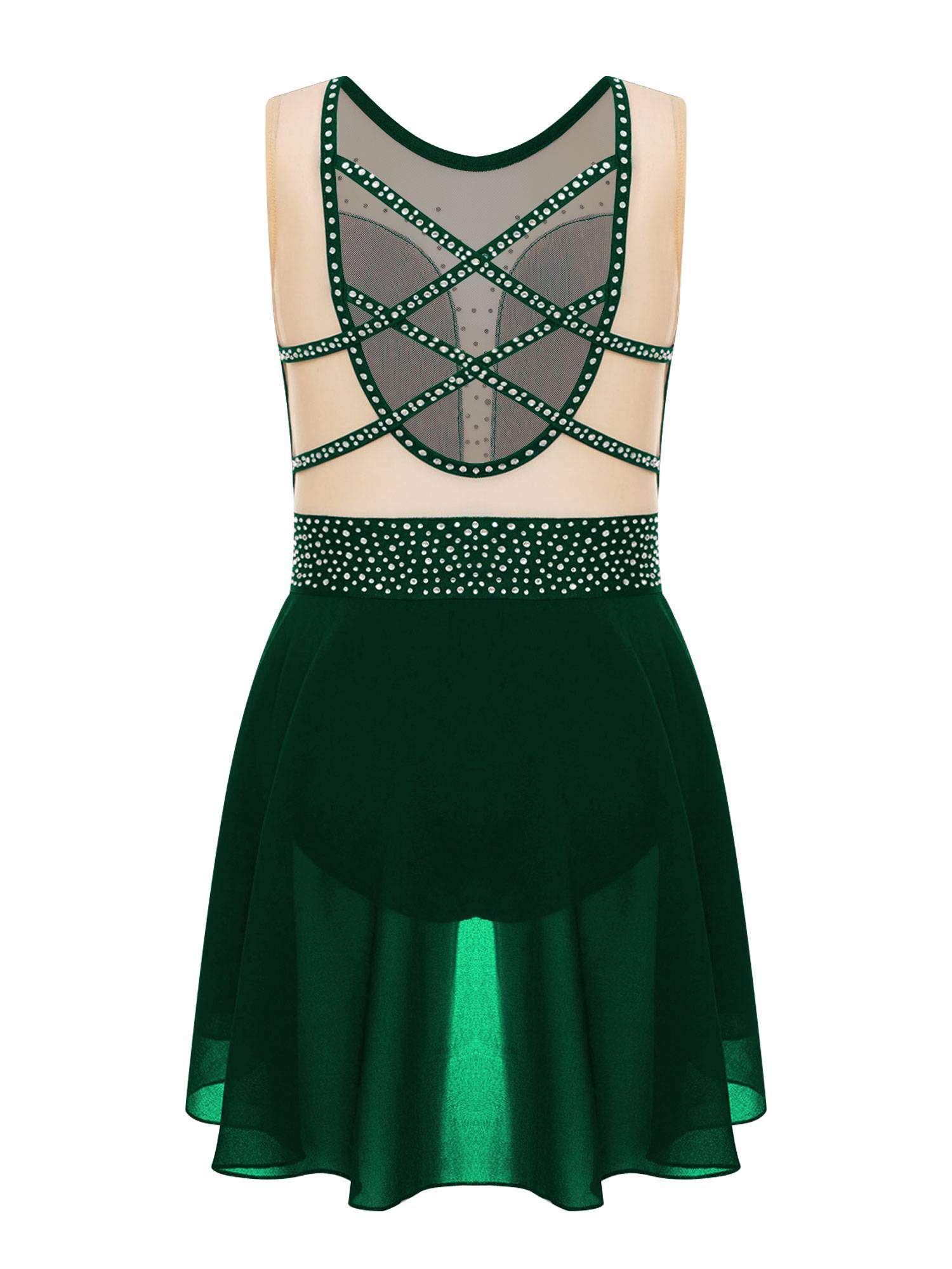 Kids Girls Sleeveless Sparkly Rhinestones U Back Skating Leotard Dress