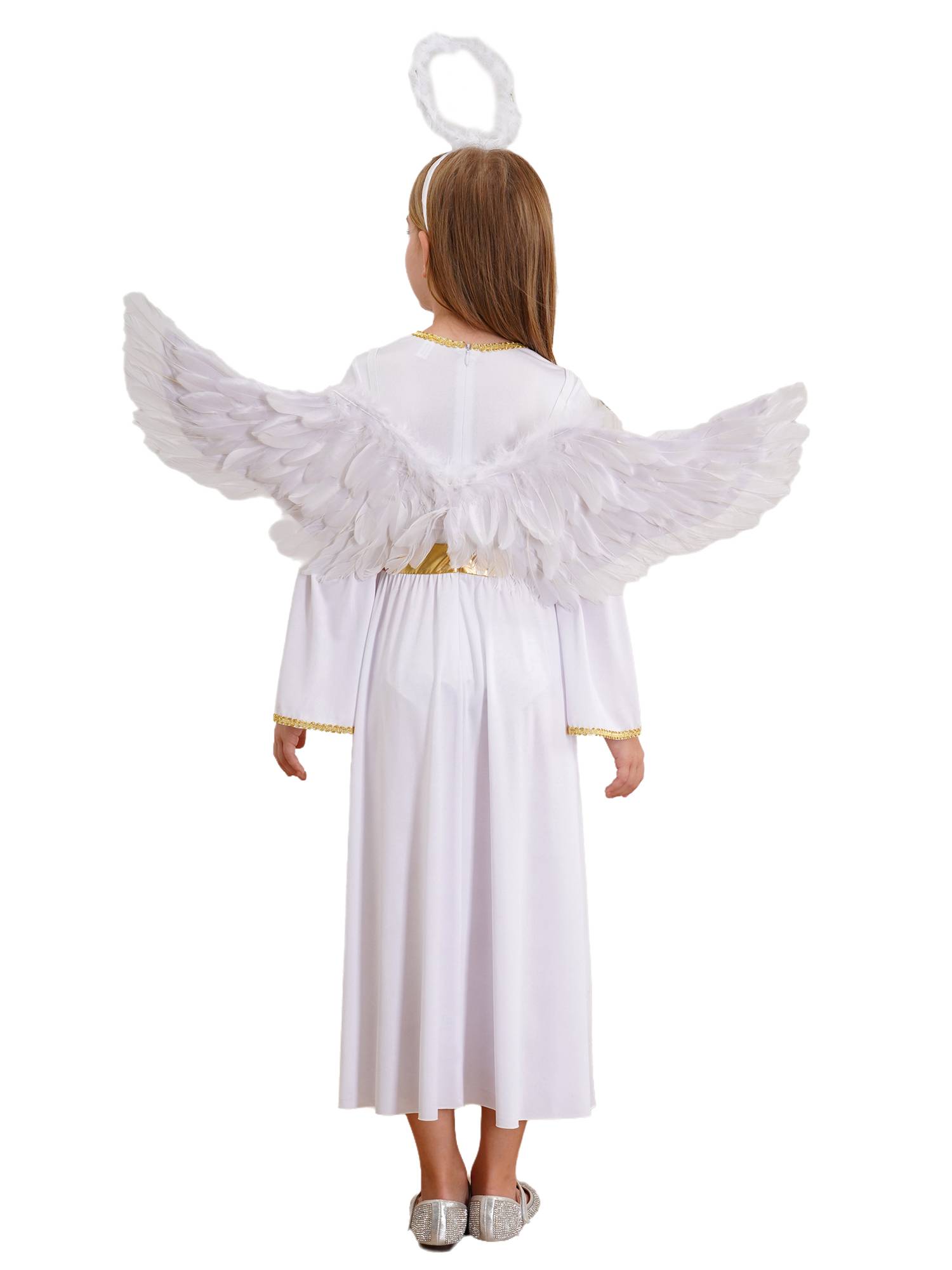 Kids Girls 3Pcs Long Sleeve A-line Angel Dress with Feather Hairband and Wings