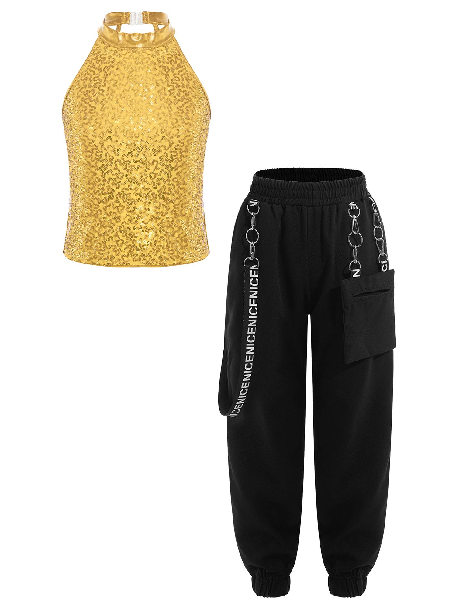 Kids Girls 2pcs Halter Sleeveless Sequin Crop Top and Pants Set for Jazz Dance
