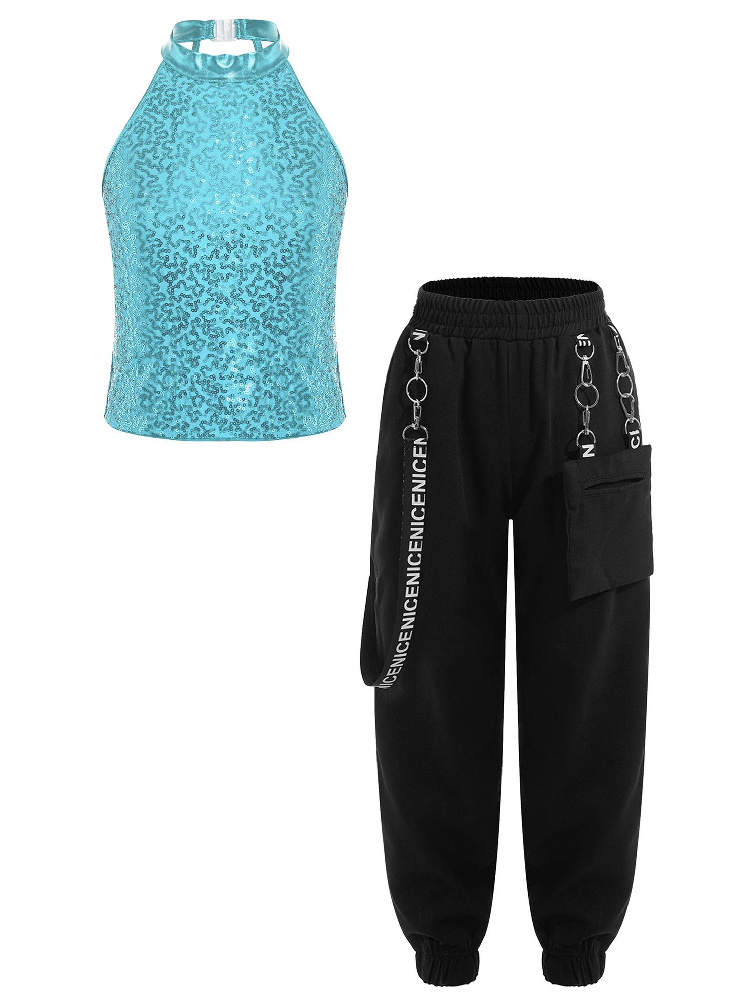 Kids Girls 2pcs Halter Sleeveless Sequin Crop Top and Pants Set for Jazz Dance