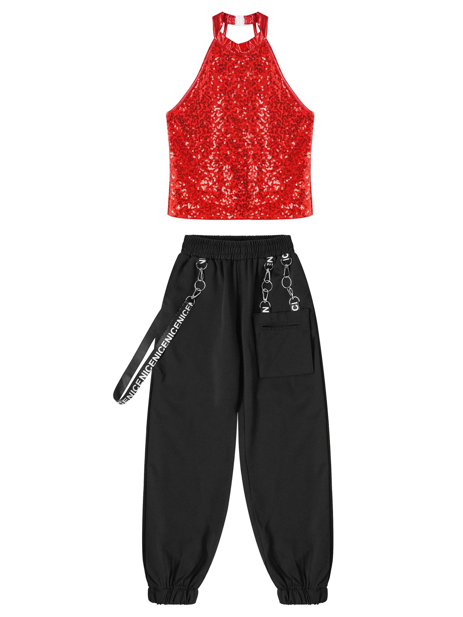 Kids Girls 2pcs Halter Sleeveless Sequin Crop Top and Pants Set for Jazz Dance