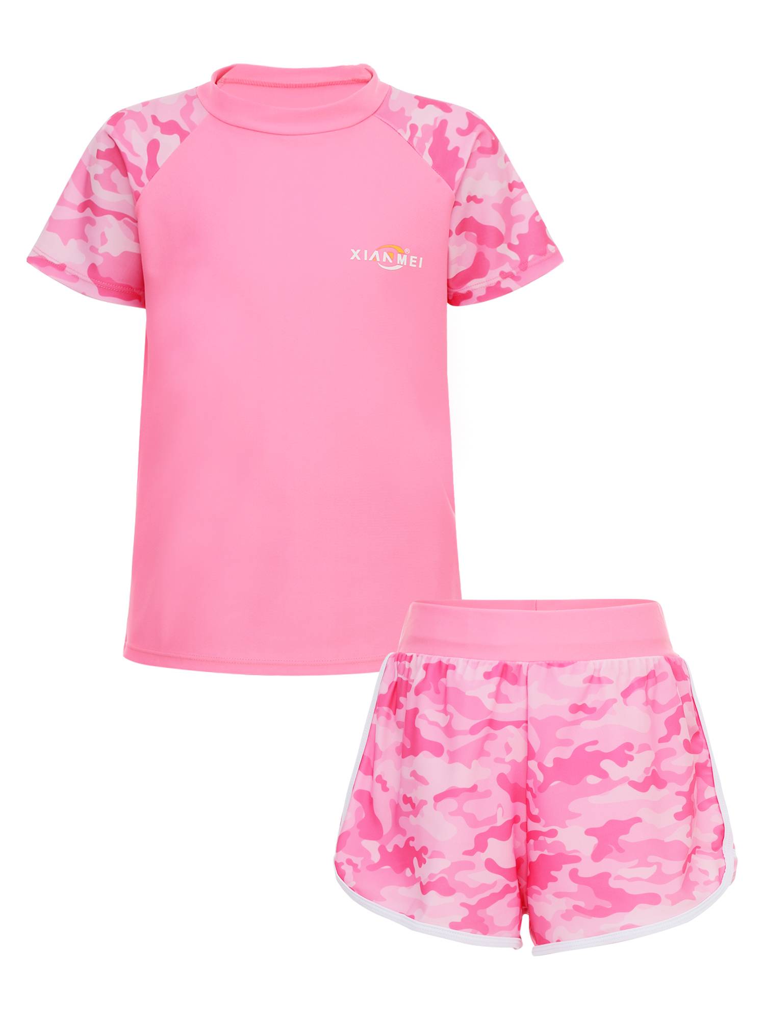 Girls Two Pieces Swimsuit Short Sleeve Swim T-shirt and Shorts Set