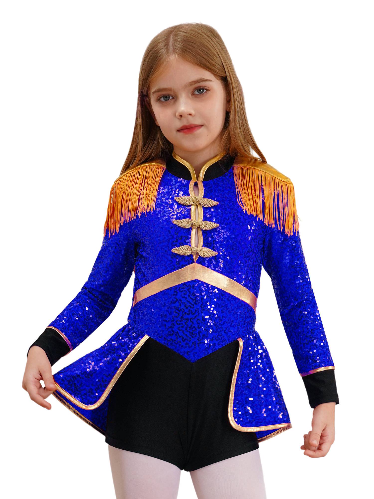 Kids Girls Long Sleeve Fringe Sequins Circus Ringmaster Costume Bodysuit