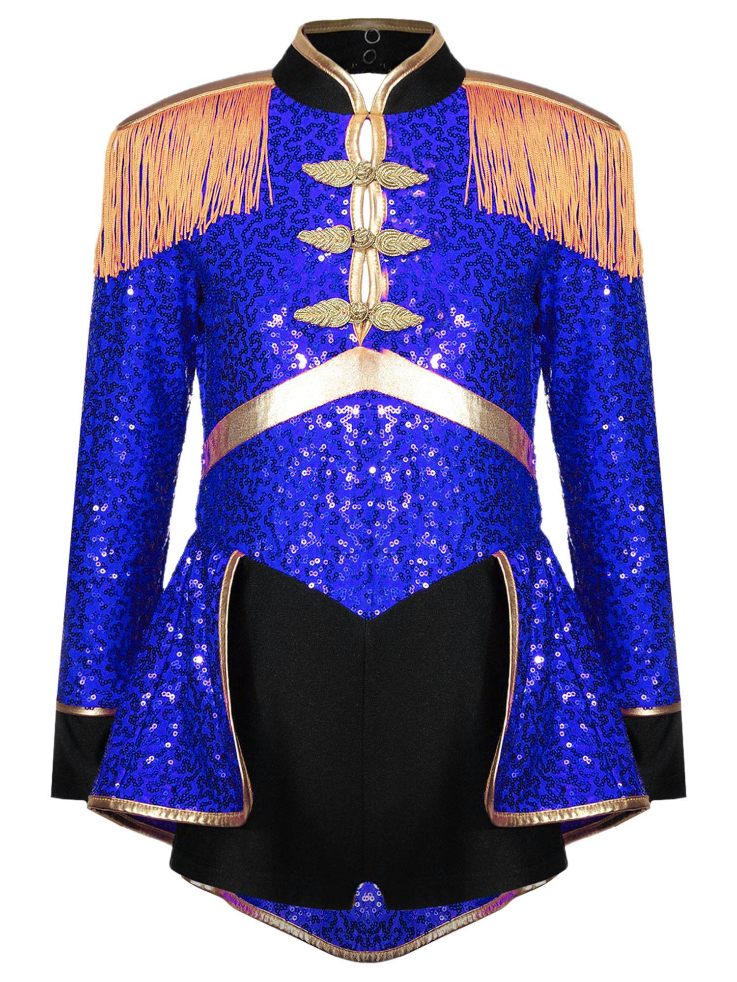 Kids Girls Long Sleeve Fringe Sequins Circus Ringmaster Costume Bodysuit