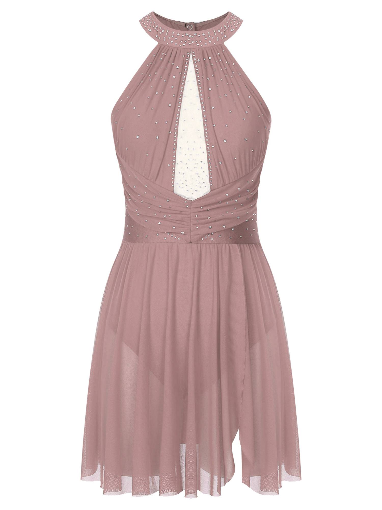 Women Sleeveless Rhinestones Figure Skating Leotard Dress