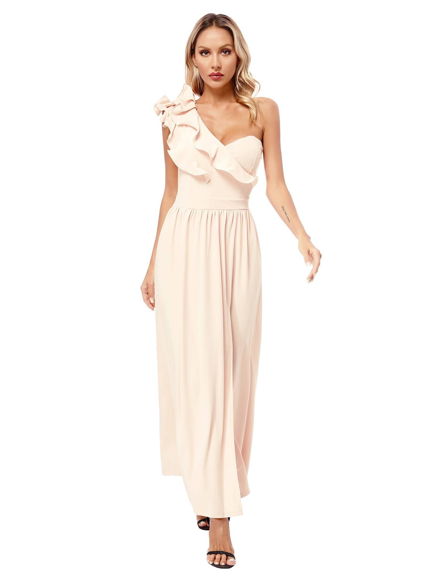 Women Sleeveless One Shoulder Ruffle Side Slit Maxi Dress