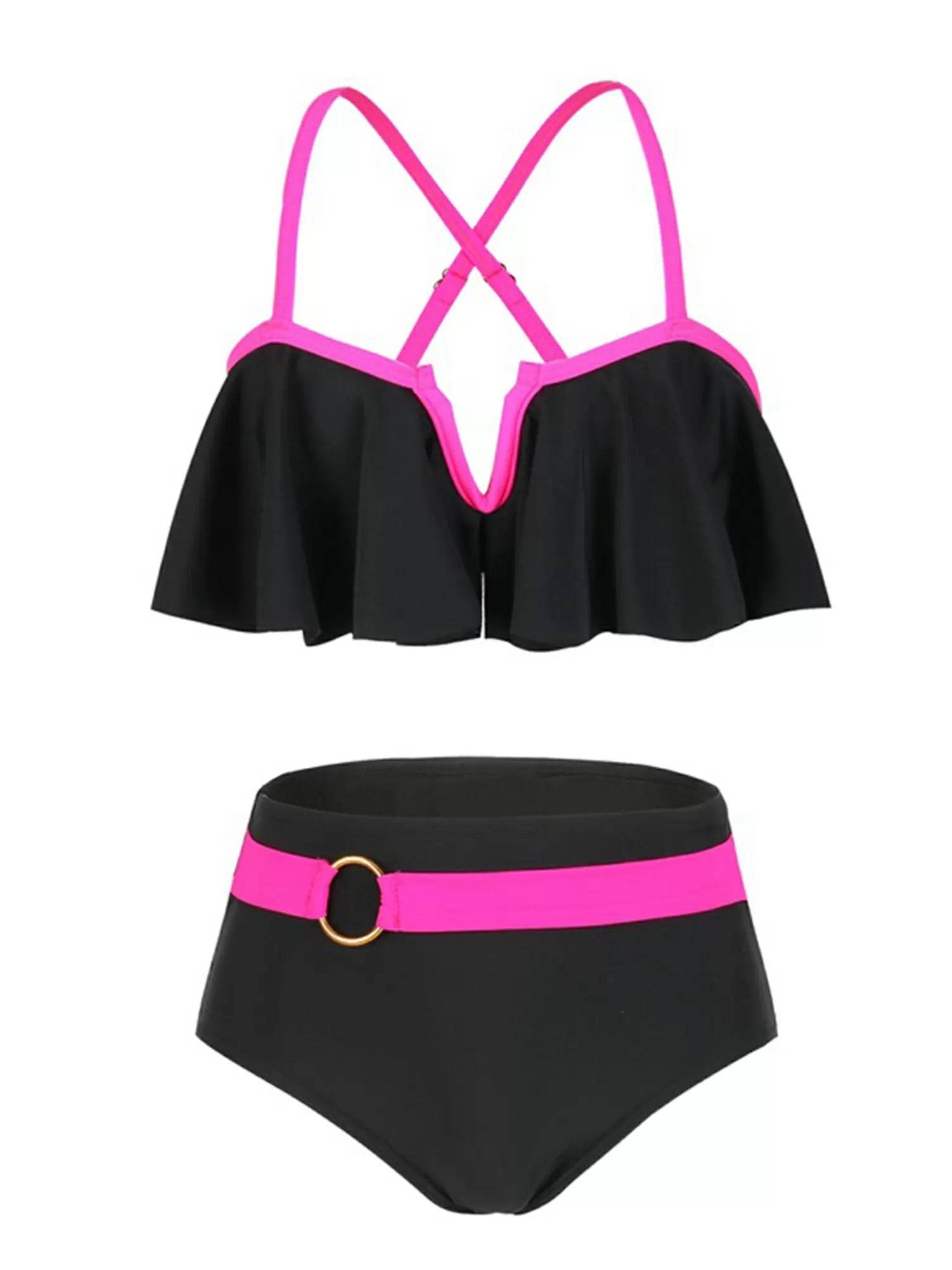 Kids Girls Cross Straps Flounce Swimming Bikini Set