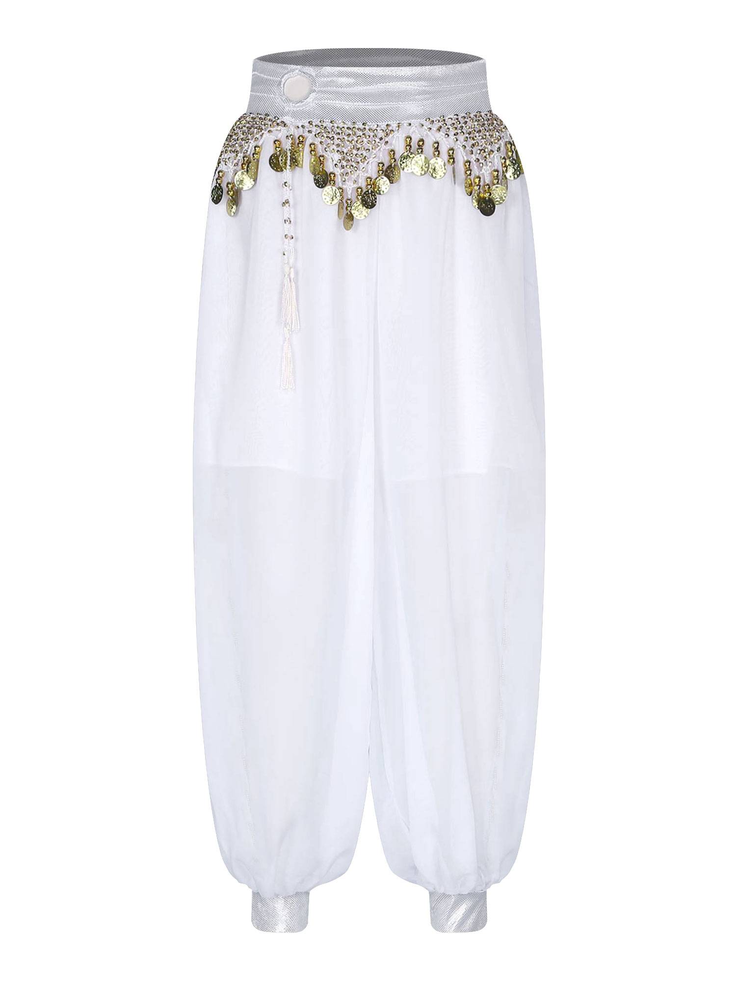 Women Chiffon Plastic Beads Tassels Metallic Side Slit Belly Dance Pants