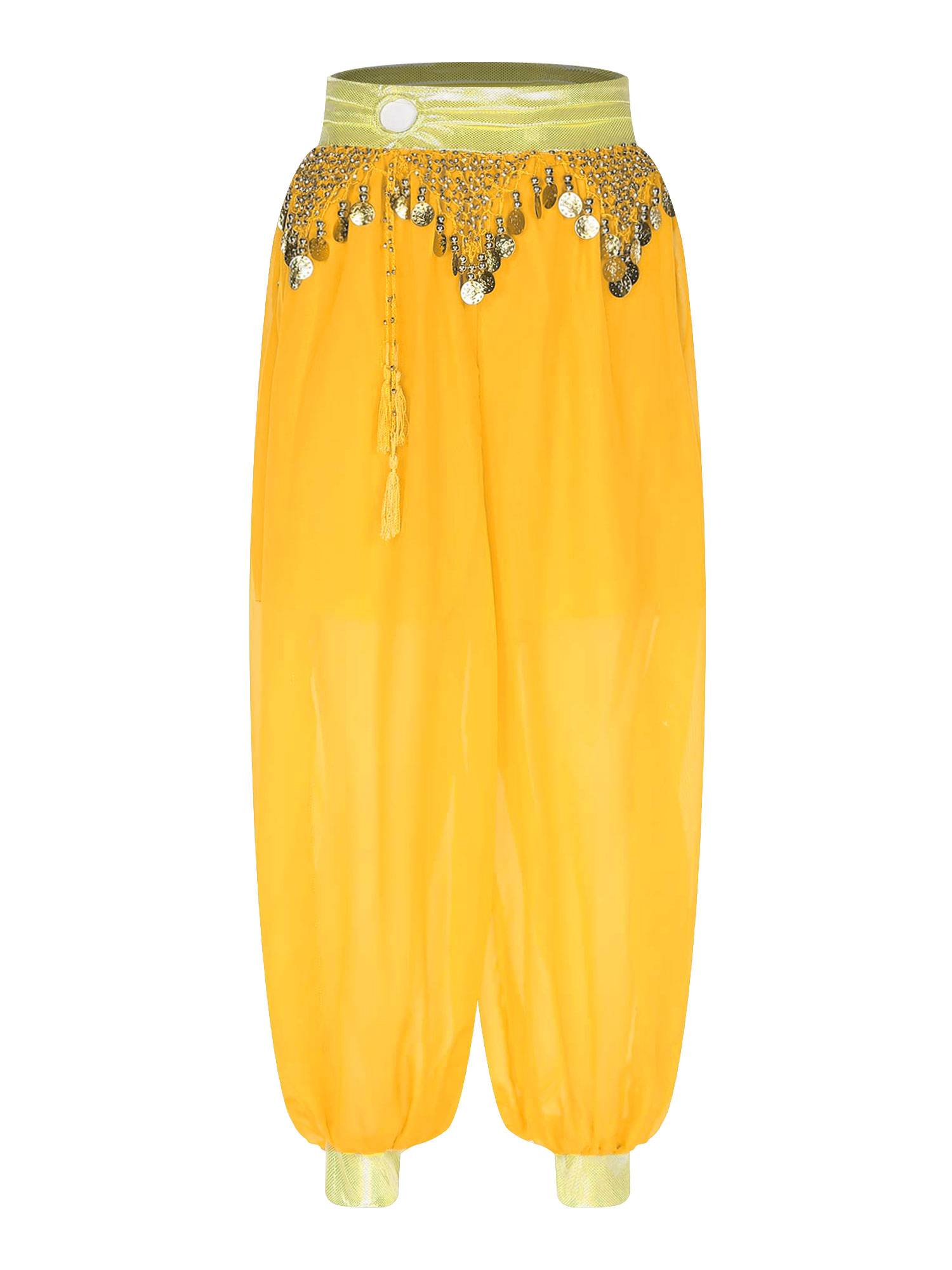 Women Chiffon Plastic Beads Tassels Metallic Side Slit Belly Dance Pants