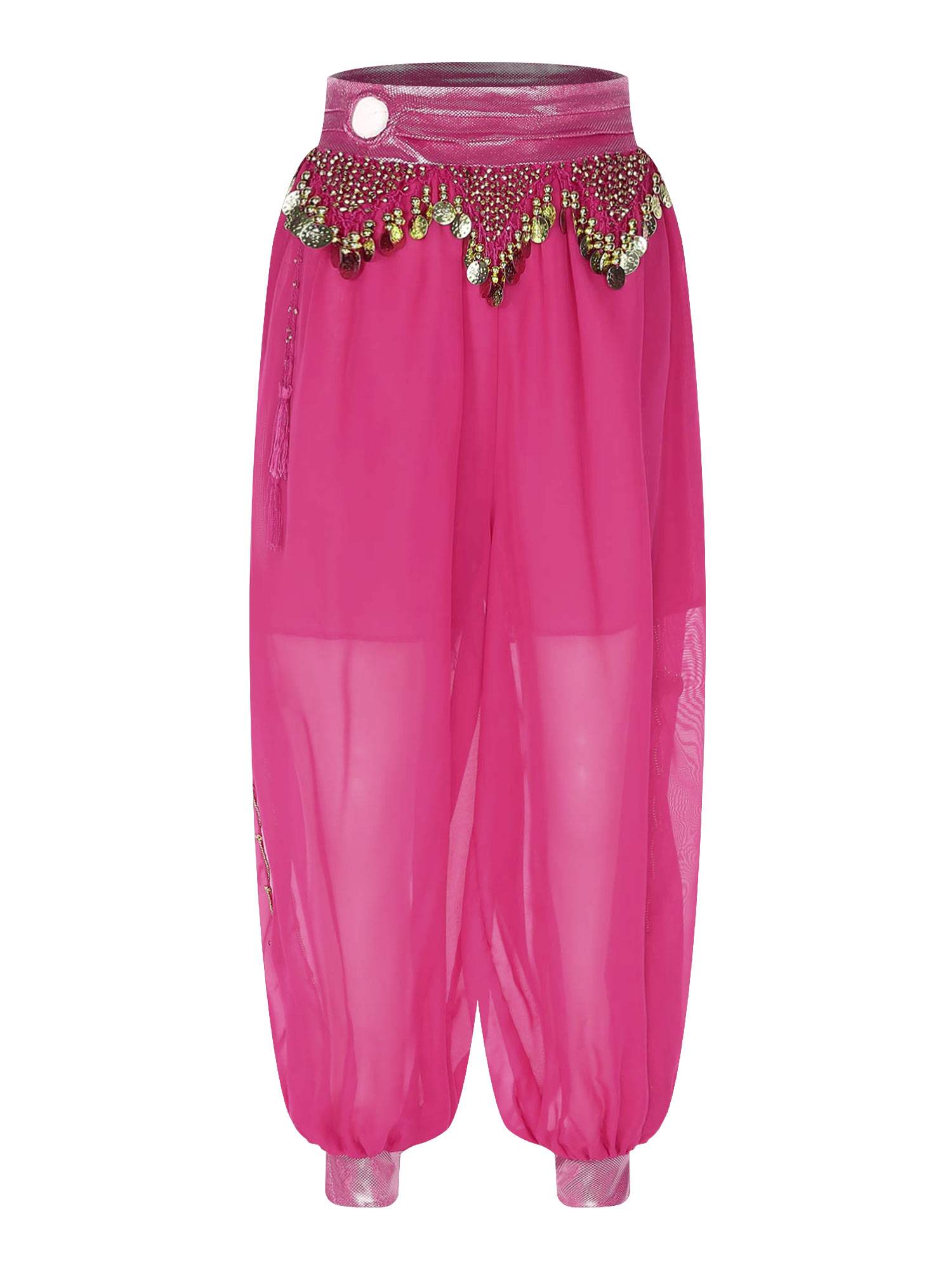 Women Chiffon Plastic Beads Tassels Metallic Side Slit Belly Dance Pants