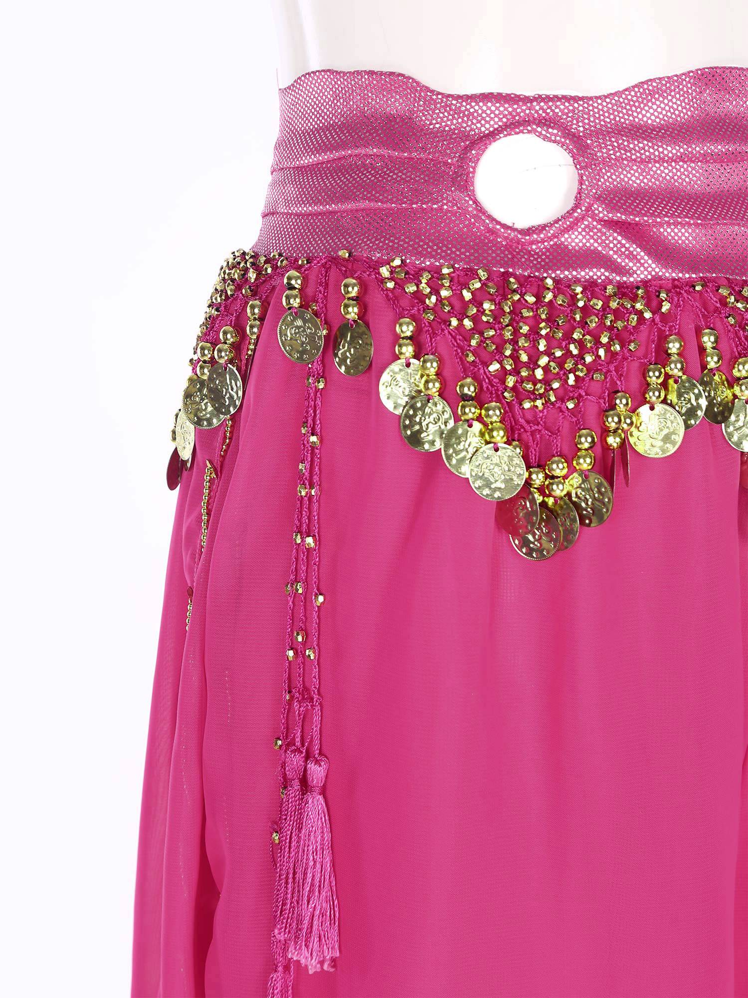 Women Chiffon Plastic Beads Tassels Metallic Side Slit Belly Dance Pants
