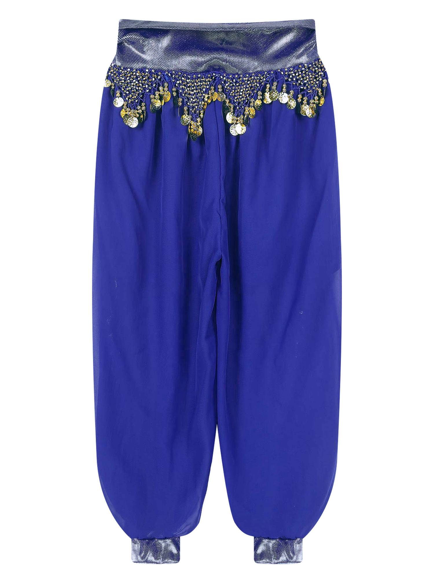Women Chiffon Plastic Beads Tassels Metallic Side Slit Belly Dance Pants