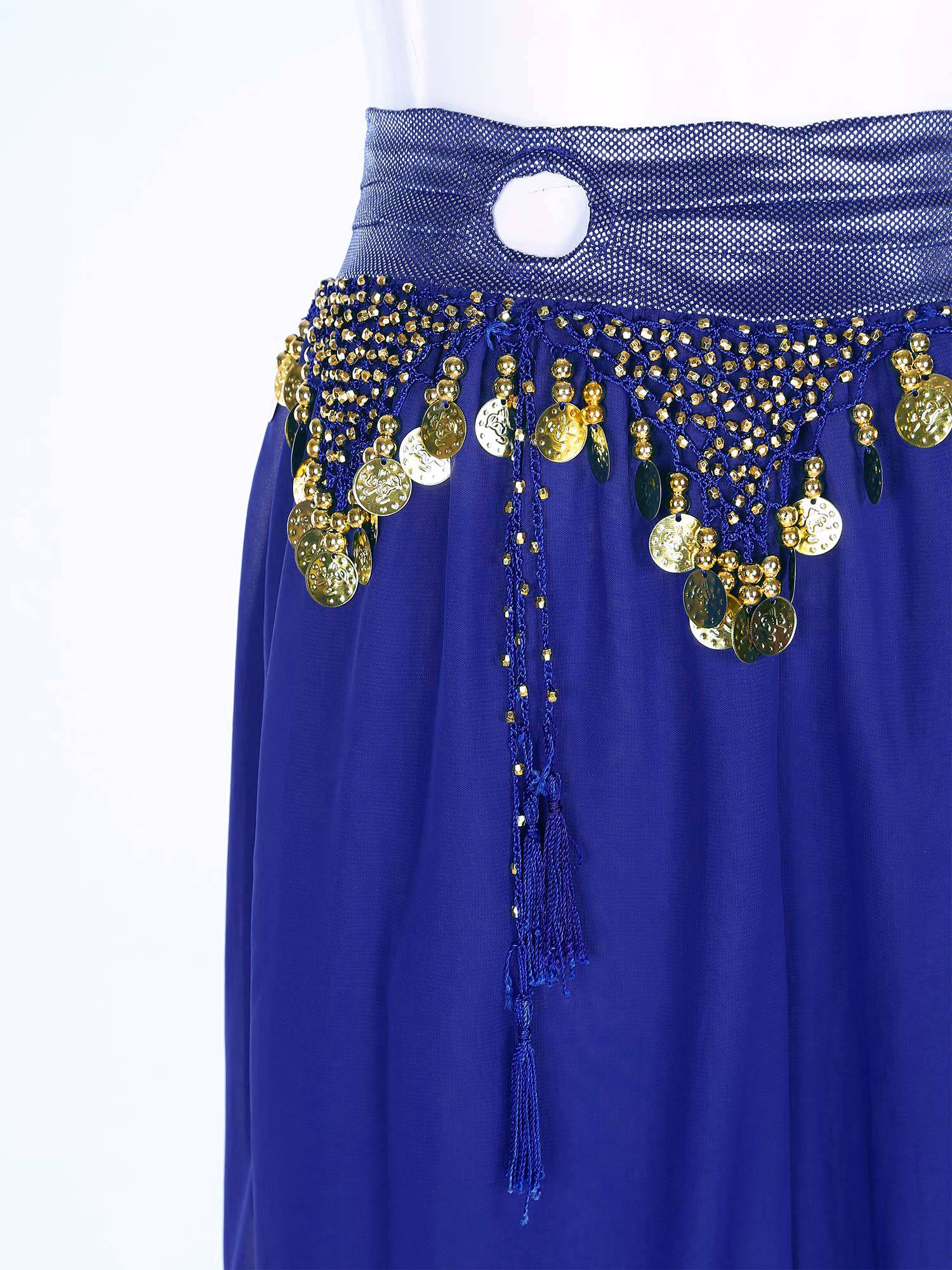 Women Chiffon Plastic Beads Tassels Metallic Side Slit Belly Dance Pants