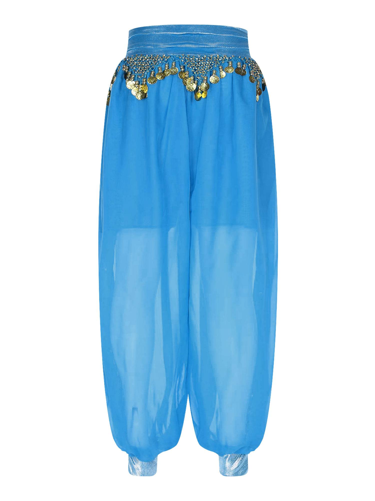 Women Chiffon Plastic Beads Tassels Metallic Side Slit Belly Dance Pants