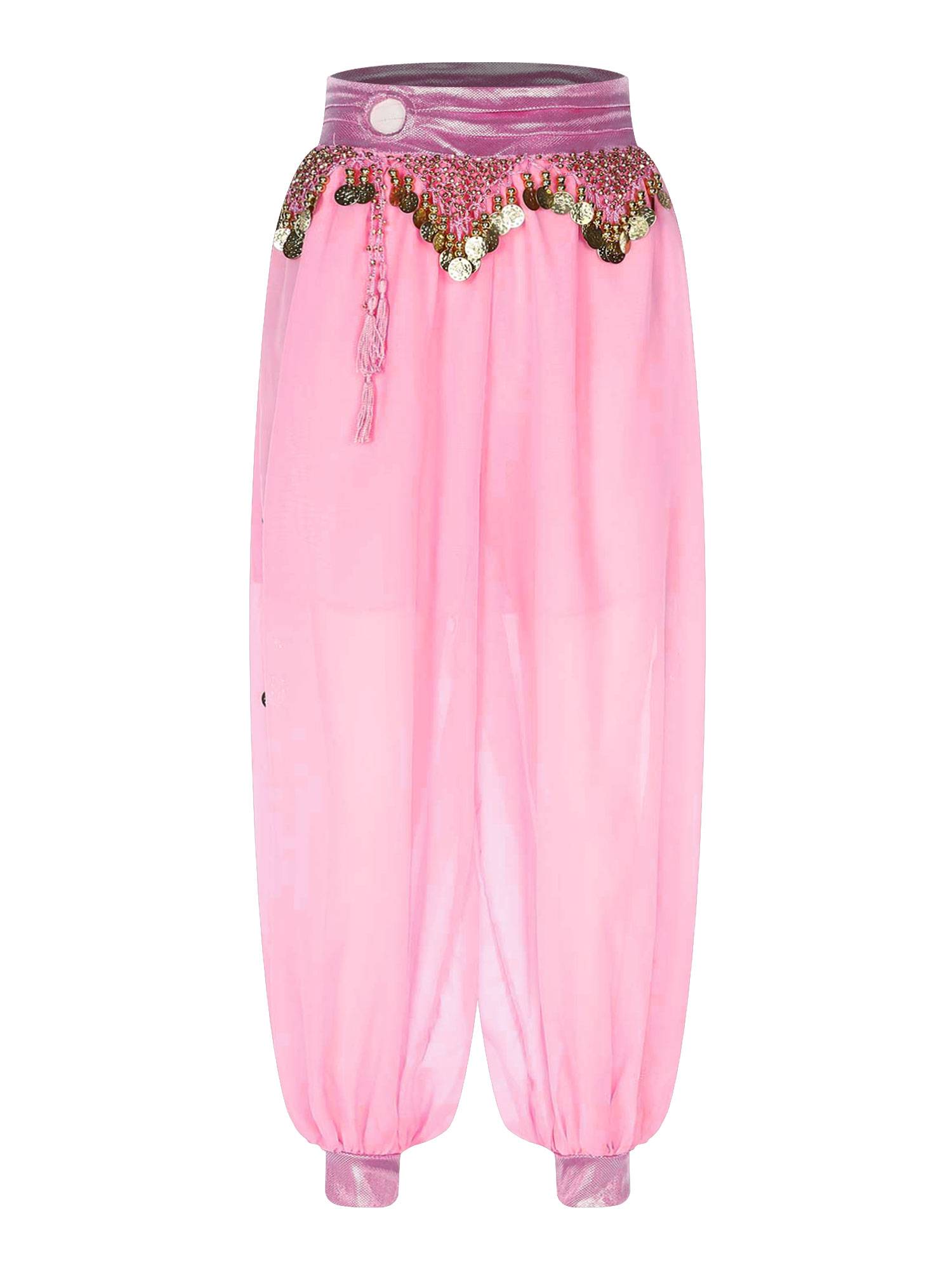 Women Chiffon Plastic Beads Tassels Metallic Side Slit Belly Dance Pants