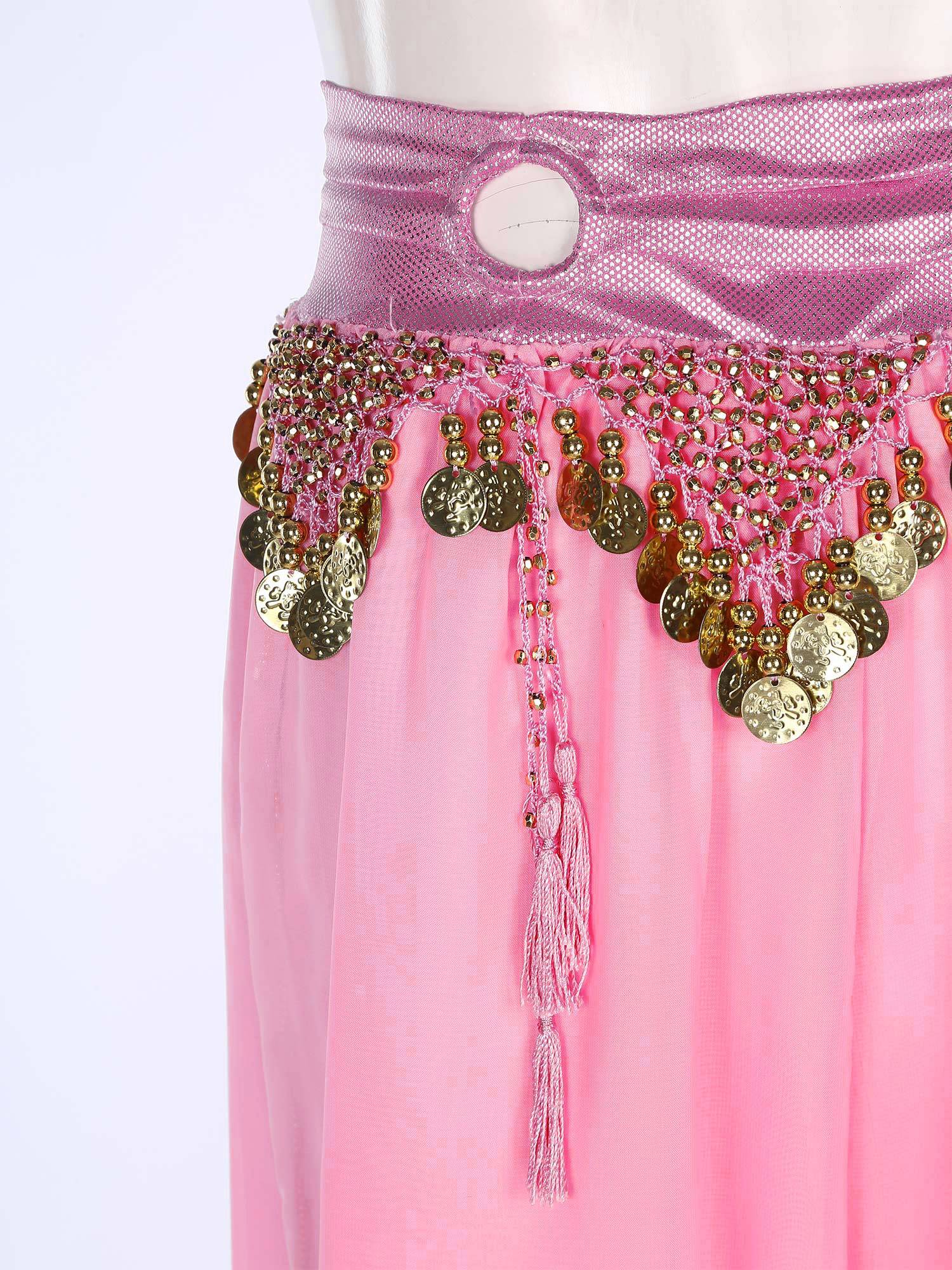 Women Chiffon Plastic Beads Tassels Metallic Side Slit Belly Dance Pants