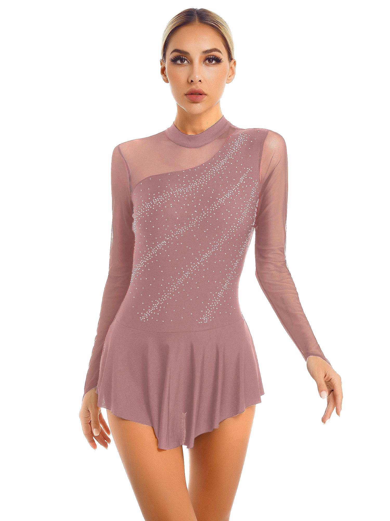 Women Glitter Rhinestone Dress Figure Skating Dance Leotard Dress
