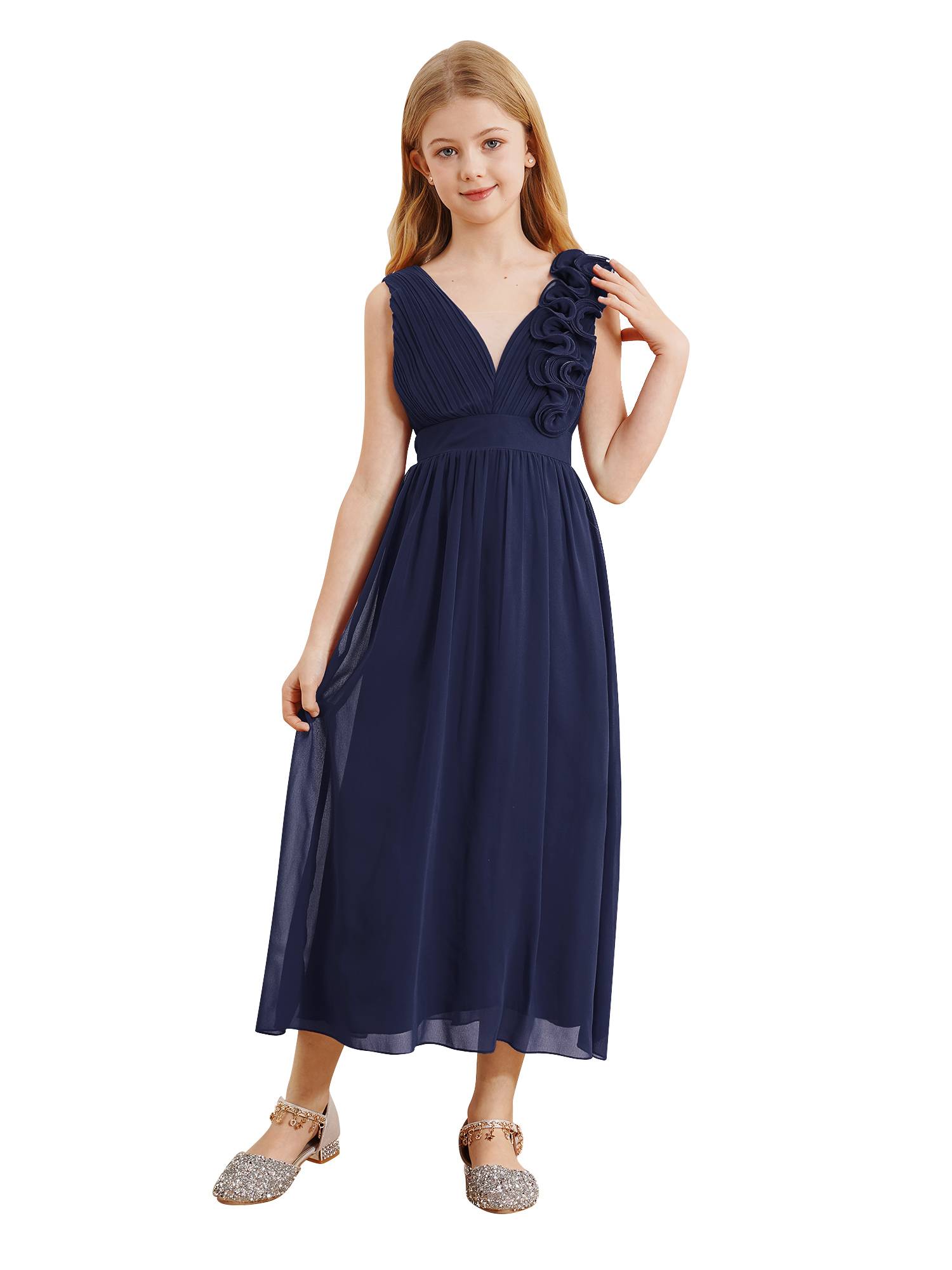 Kids Girls Chiffon Sleeveless 3D Applique Junior Bridesmaid Dresses