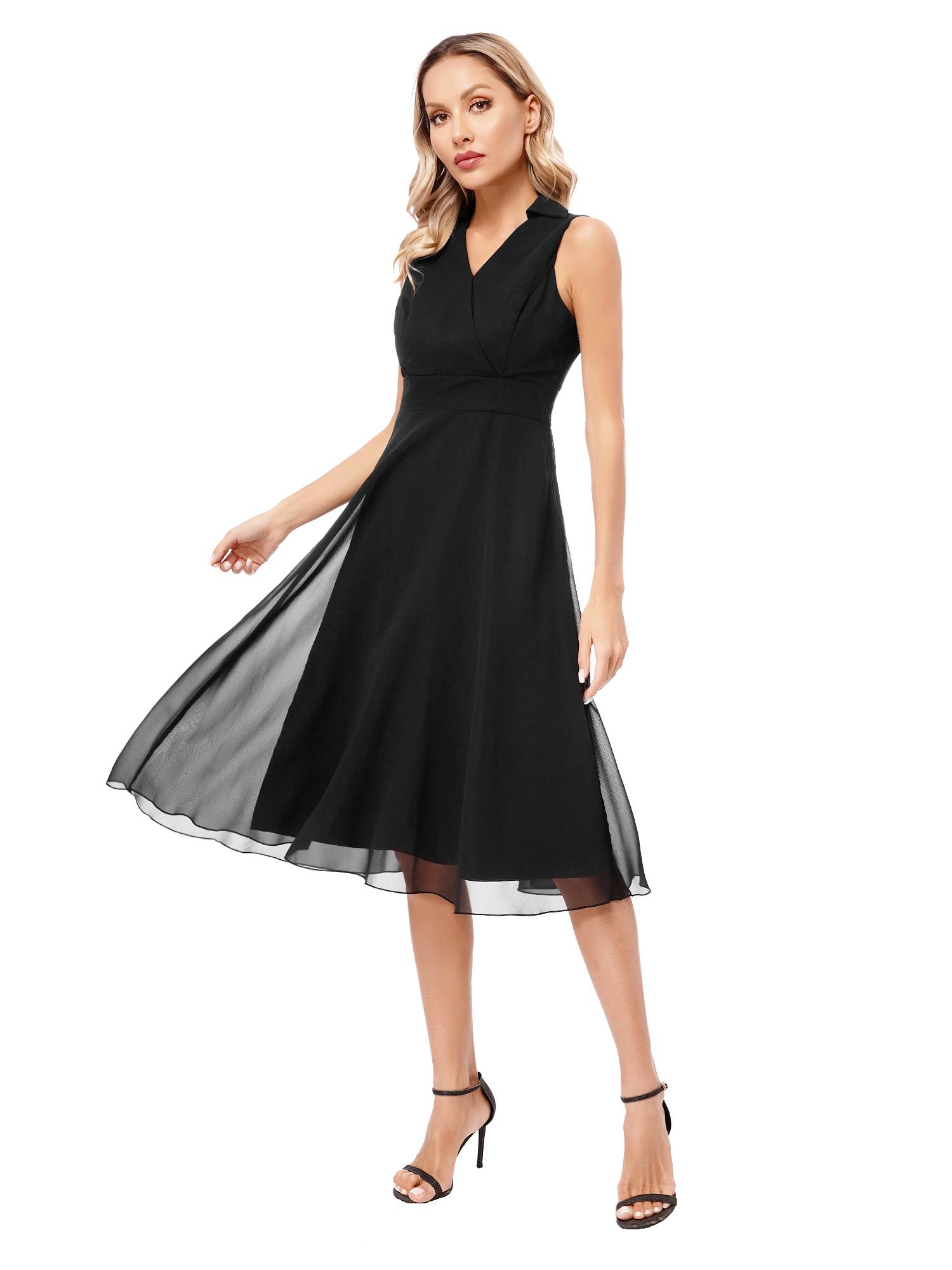 Women Sleeveless V Neck Chiffon Wrap A-Line Bridesmaid Cocktail Dress