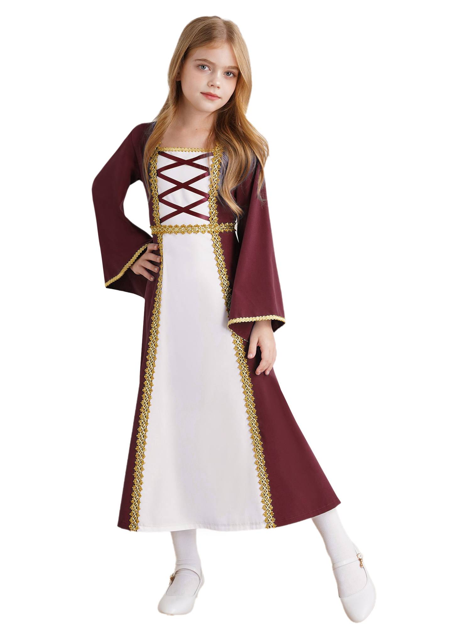 Kids Girls Long Sleeve Square Neck Medieval Renaissance Princess Dress