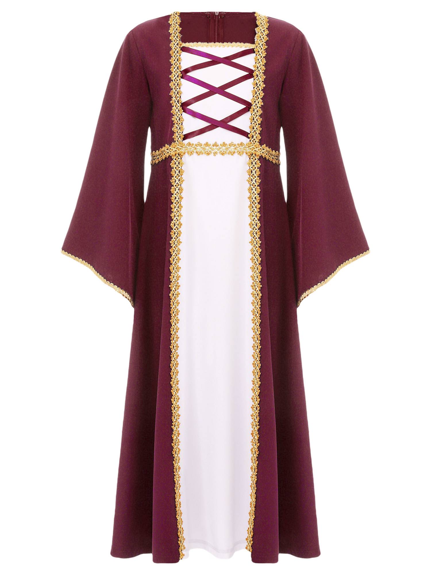 Kids Girls Long Sleeve Square Neck Medieval Renaissance Princess Dress