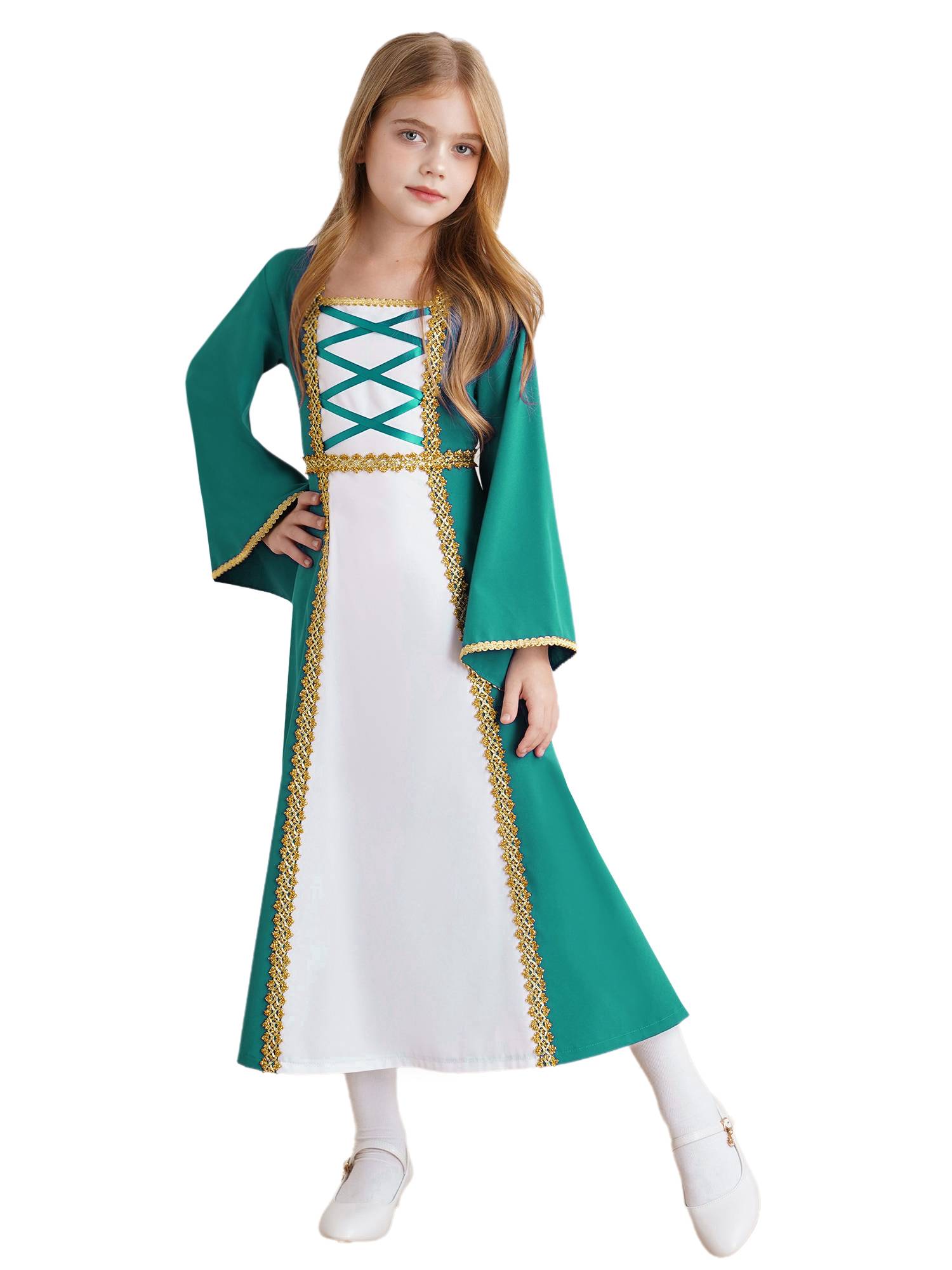 Kids Girls Long Sleeve Square Neck Medieval Renaissance Princess Dress