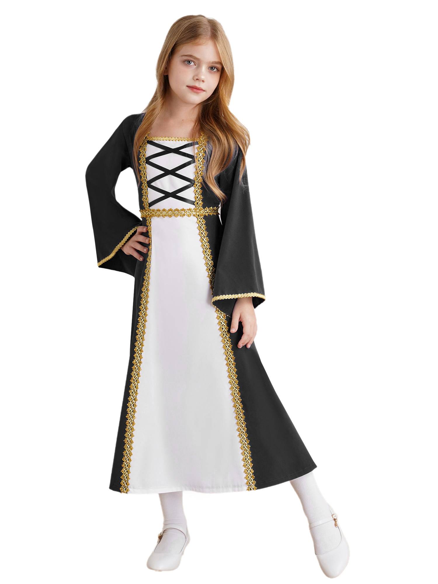 Kids Girls Long Sleeve Square Neck Medieval Renaissance Princess Dress