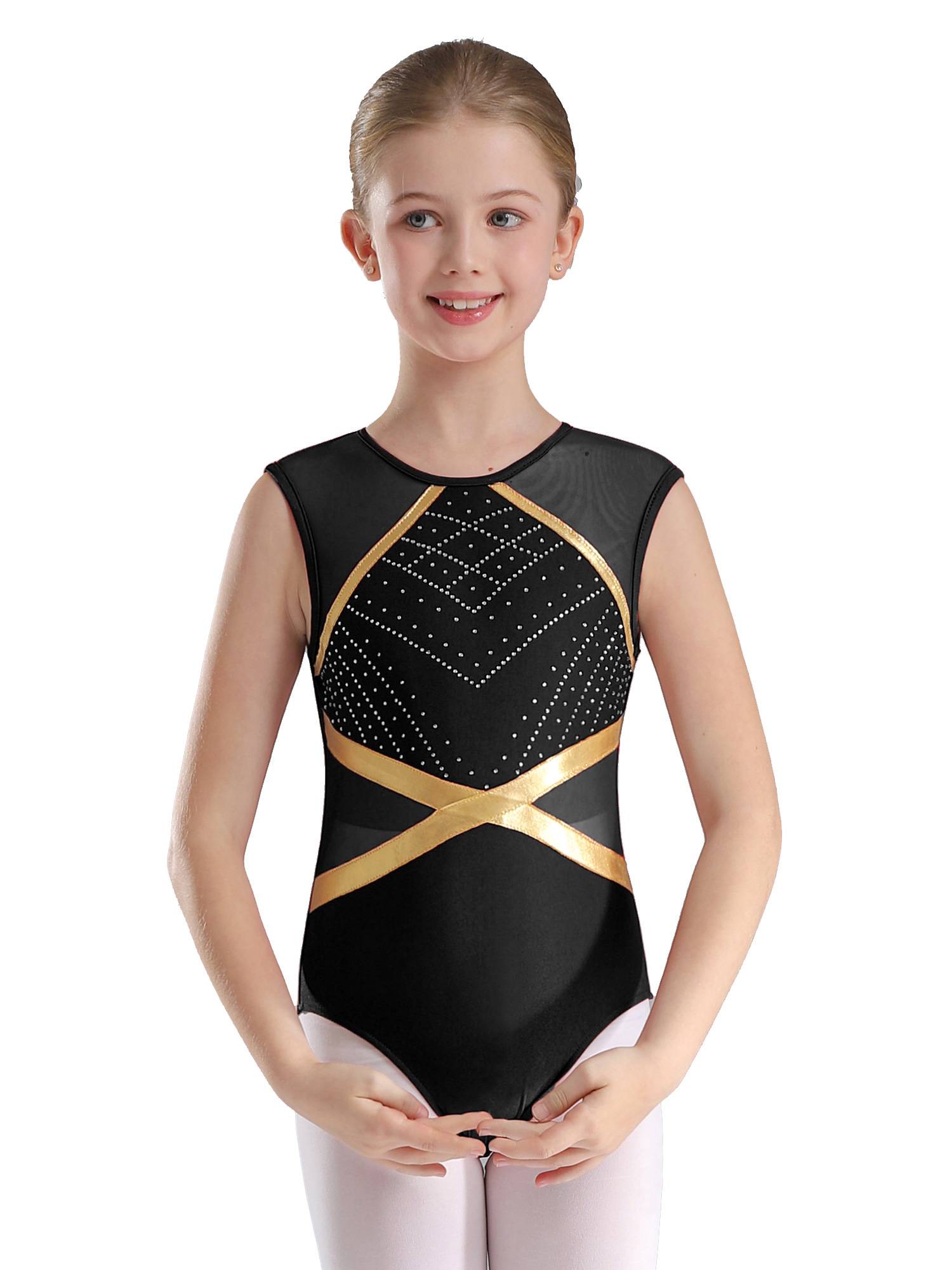 Kids Girls Sleeveless Glittery Rhinestones Gymnastics Leotard