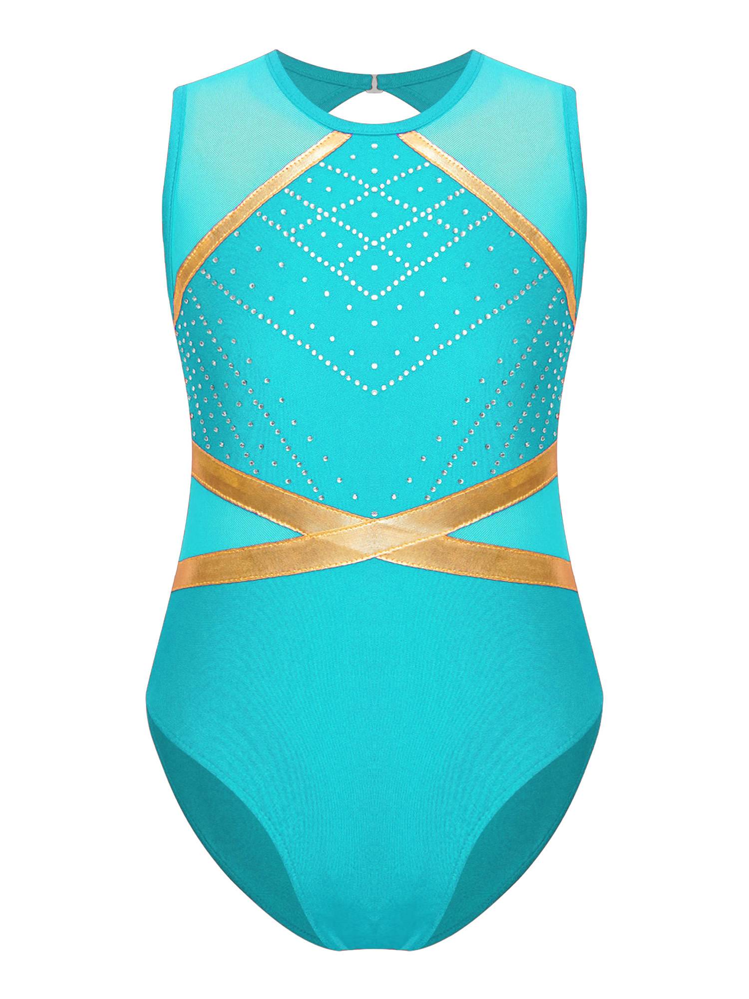 Kids Girls Sleeveless Glittery Rhinestones Gymnastics Leotard