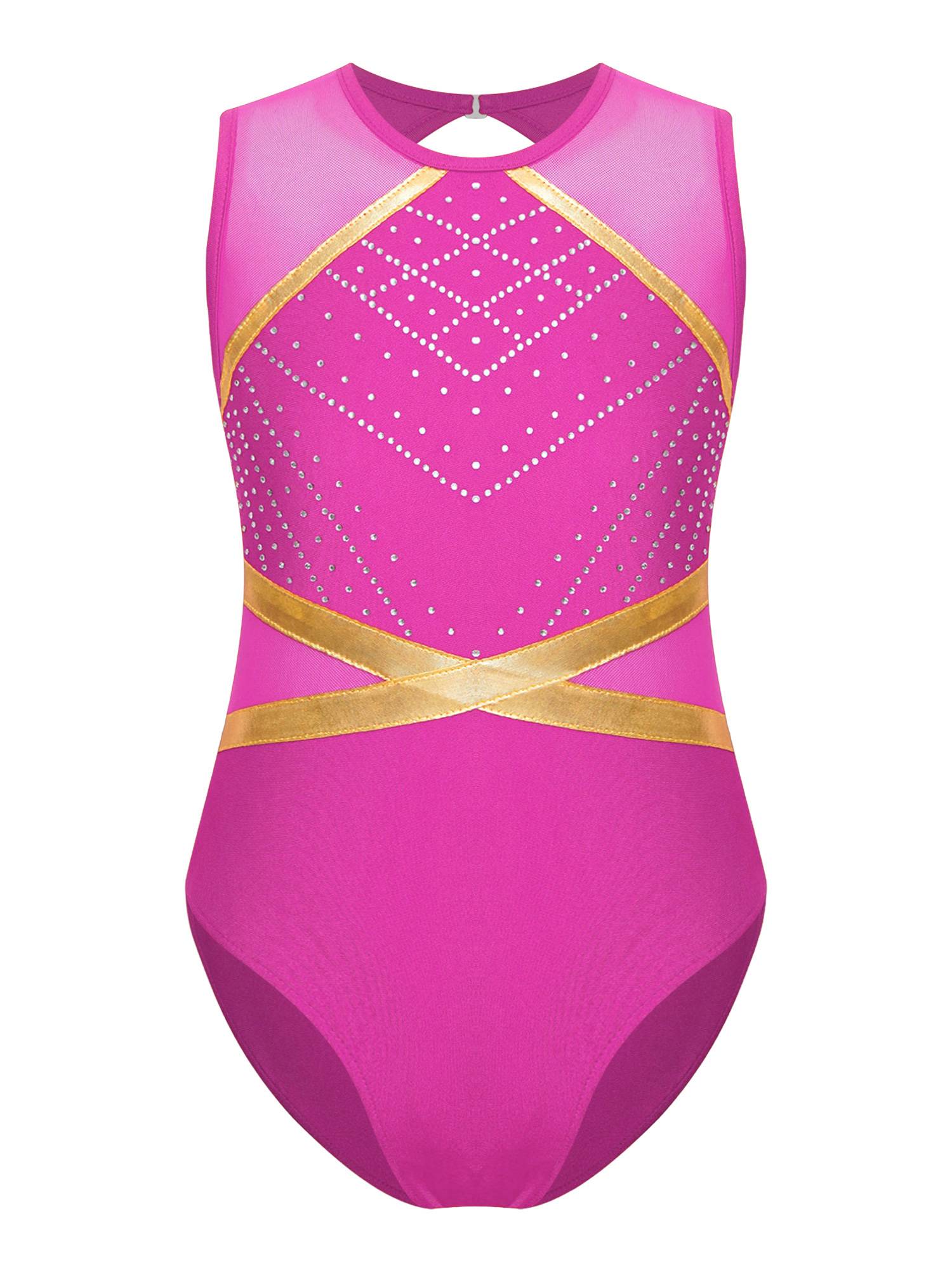 Kids Girls Sleeveless Glittery Rhinestones Gymnastics Leotard