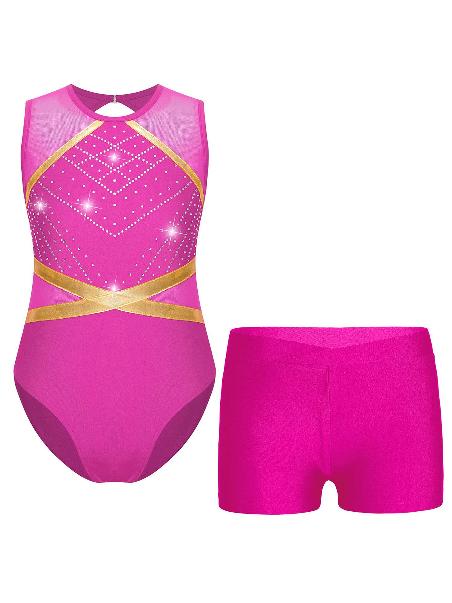 Kids Girls 2pcs Sleeveless Rhinestones Leotard and Shorts Gymnastic Sets