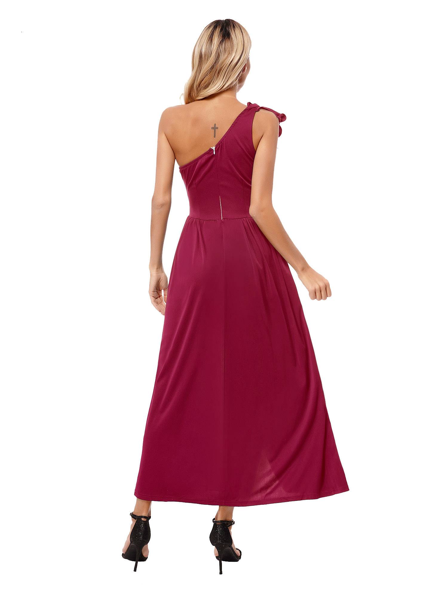 Women Sleeveless One Shoulder Ruffle Side Slit Maxi Dress