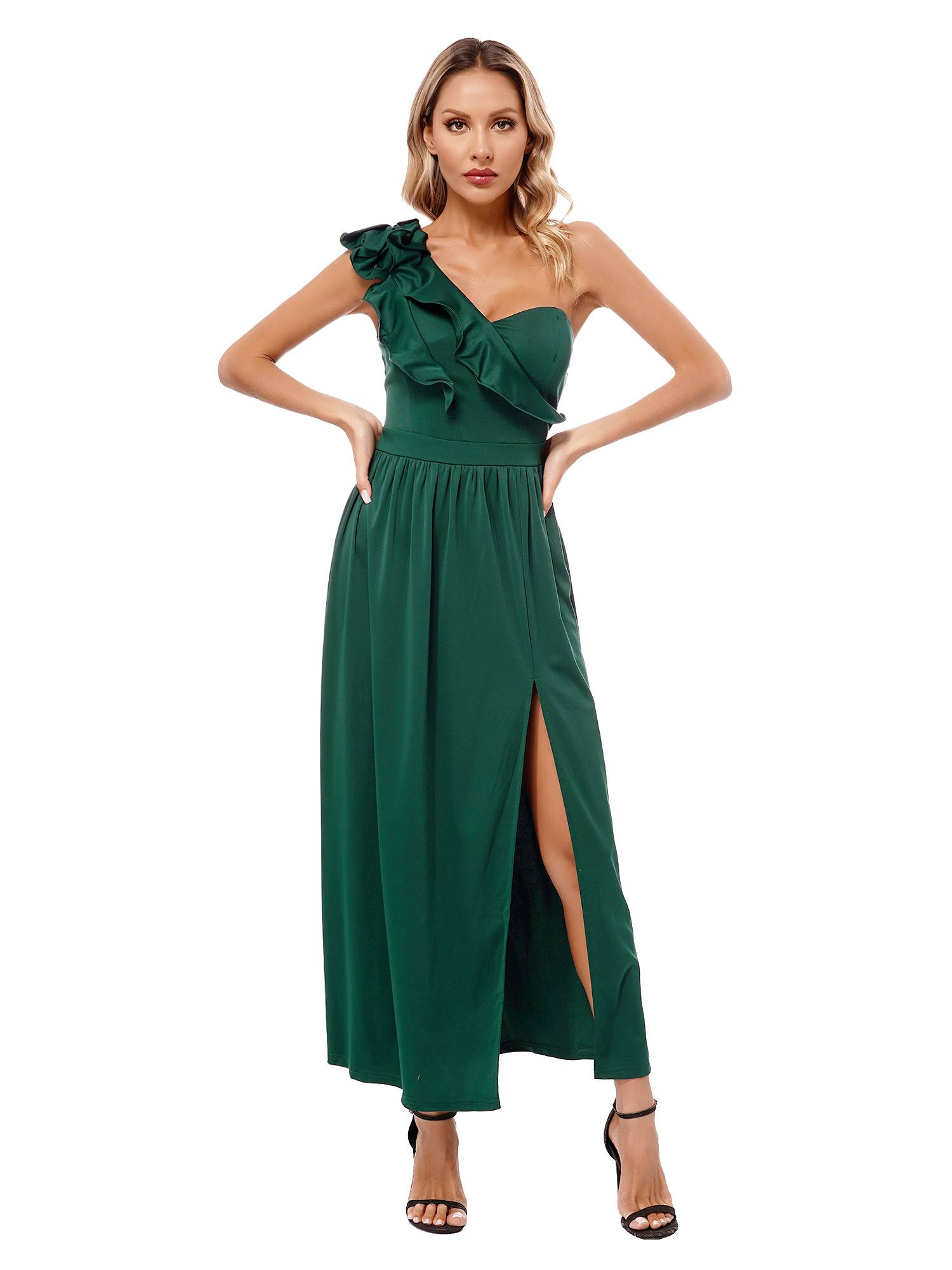 Women Sleeveless One Shoulder Ruffle Side Slit Maxi Dress
