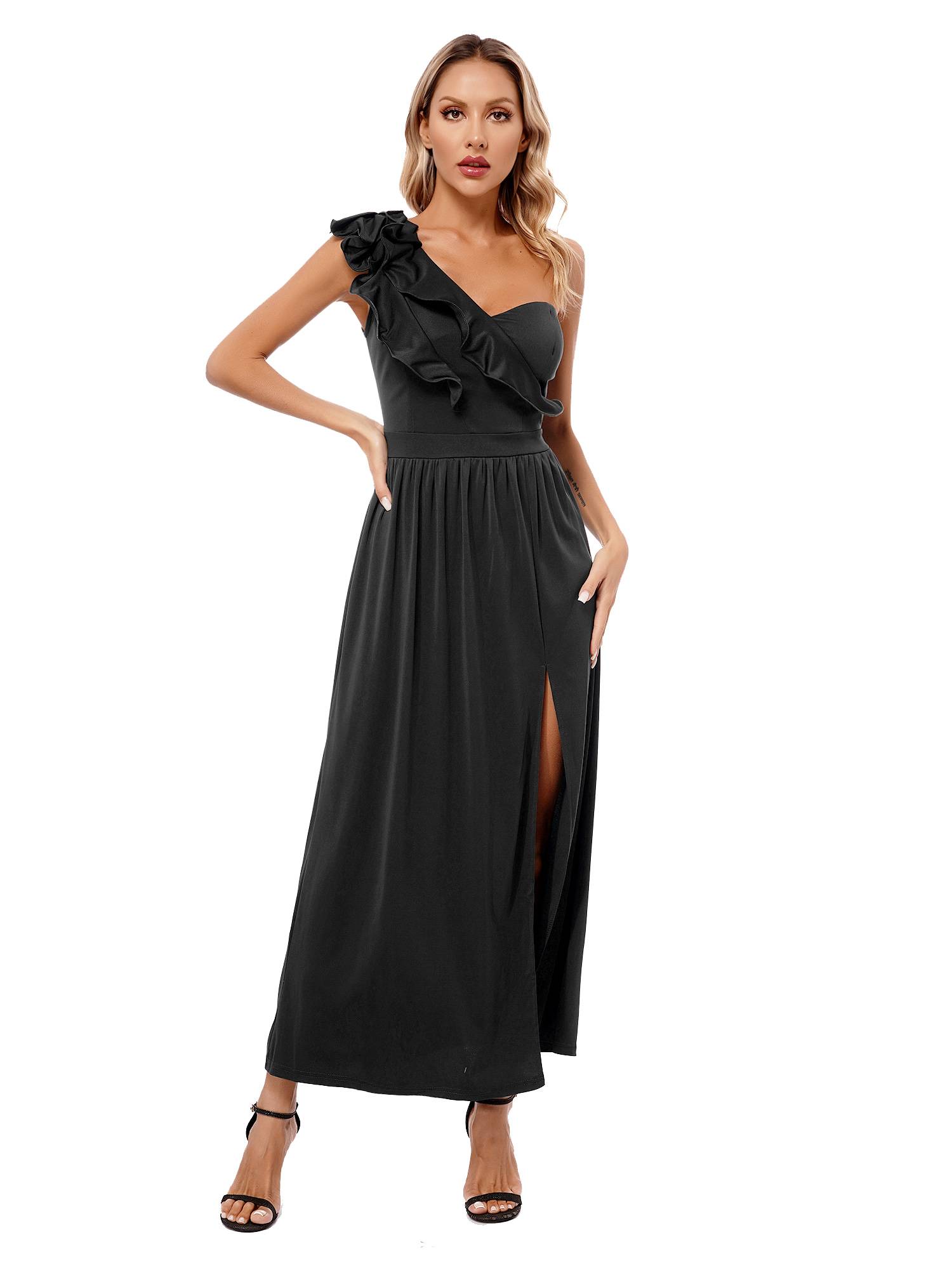 Women Sleeveless One Shoulder Ruffle Side Slit Maxi Dress